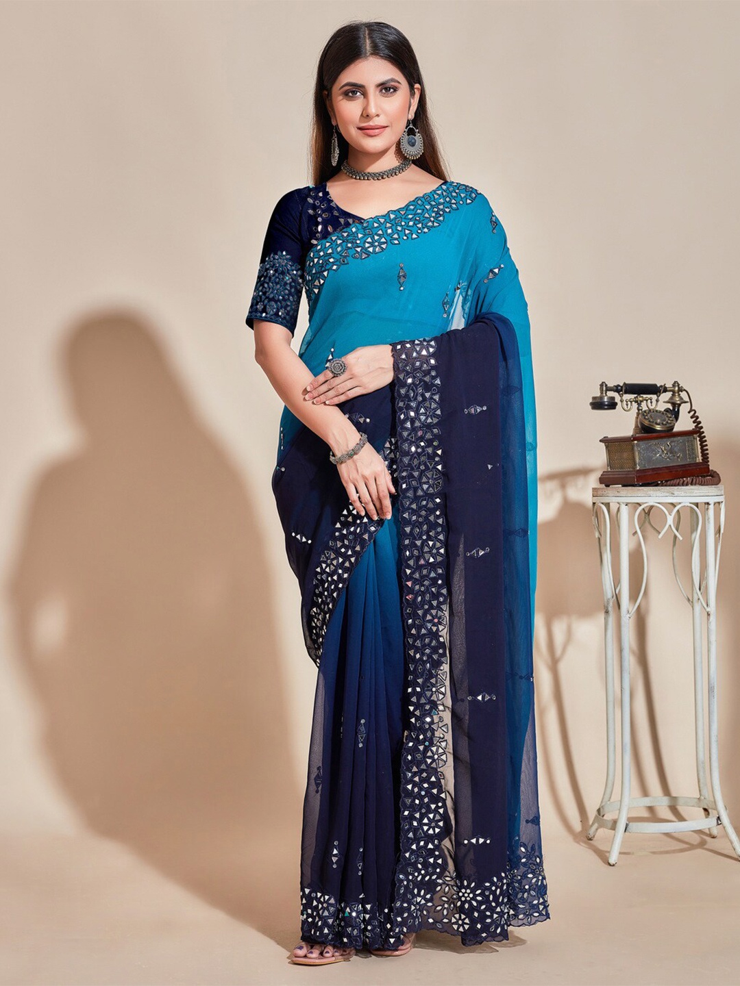 

KALINI Ombre Mirror Work Pure Silk Saree, Navy blue