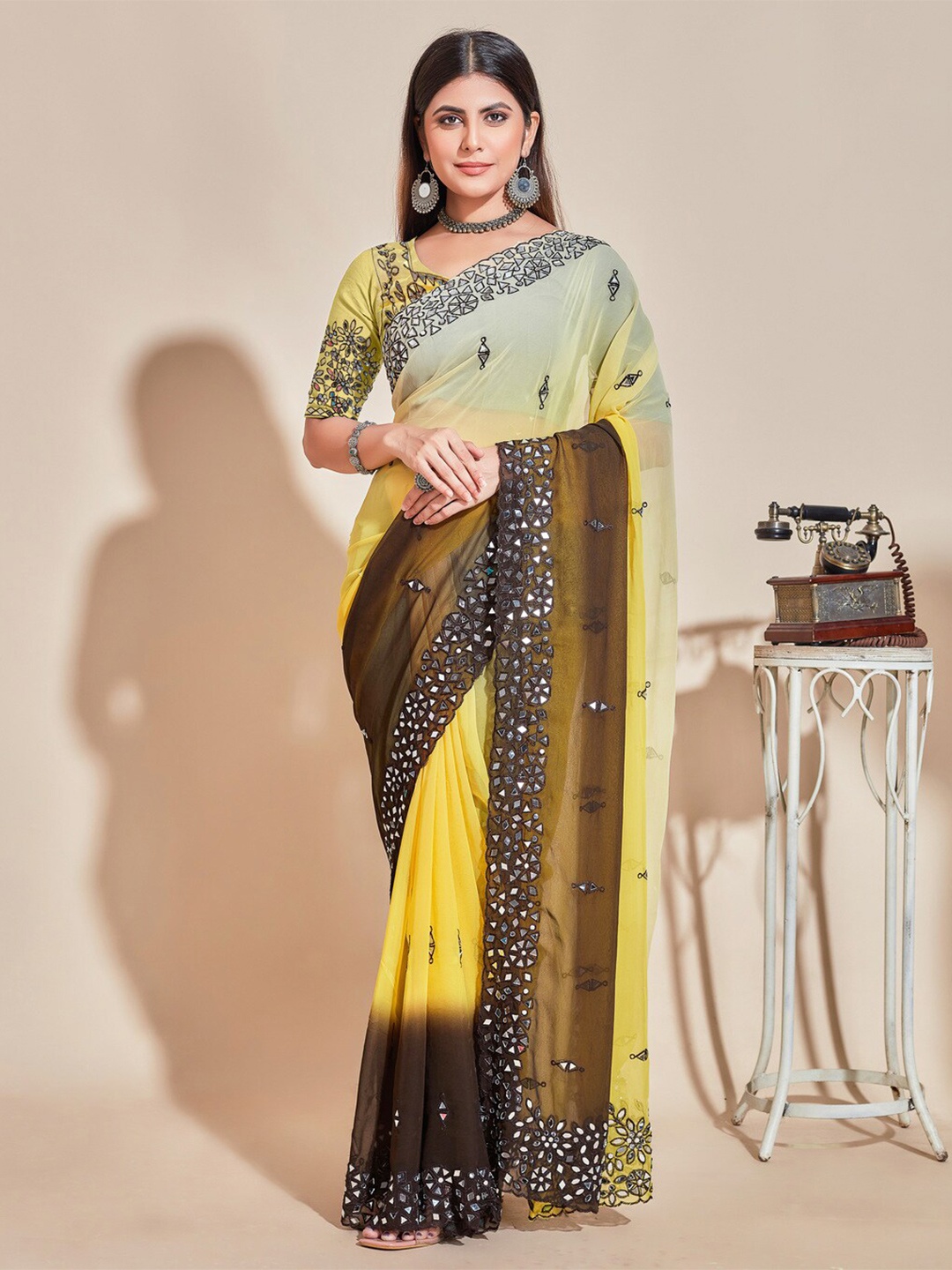 

KALINI Ombre Mirror Work Pure Silk Saree, Yellow