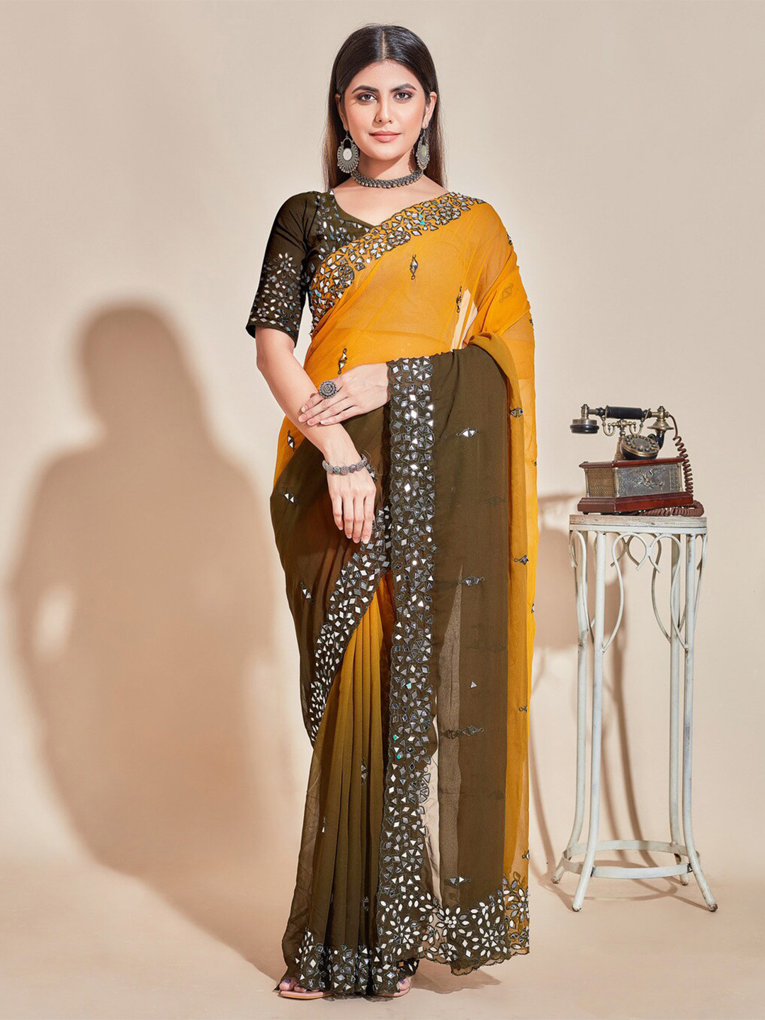 

KALINI Ombre Mirror Work Pure Silk Saree, Brown