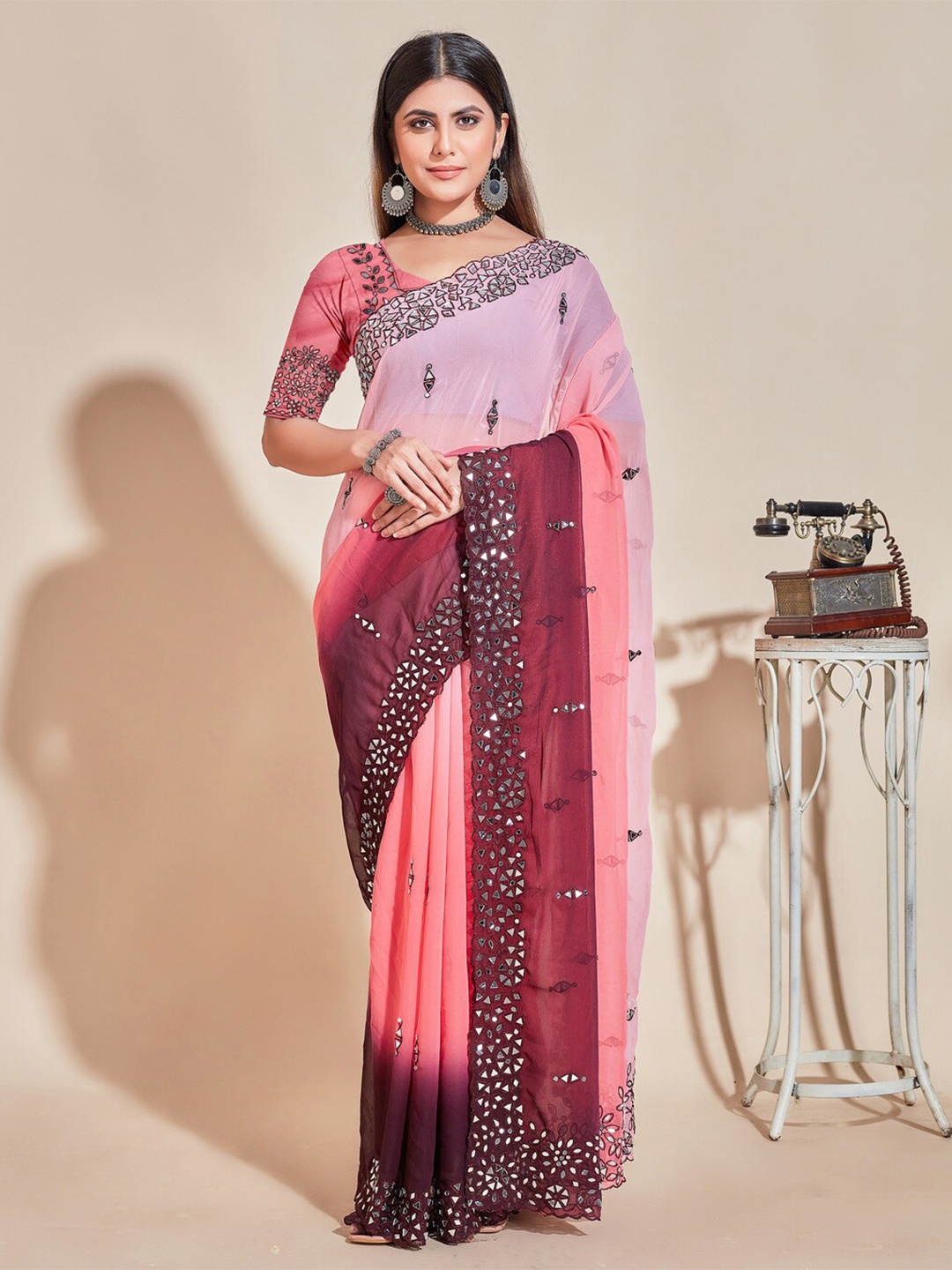 

KALINI Ombre Mirror Work Pure Silk Saree, Pink
