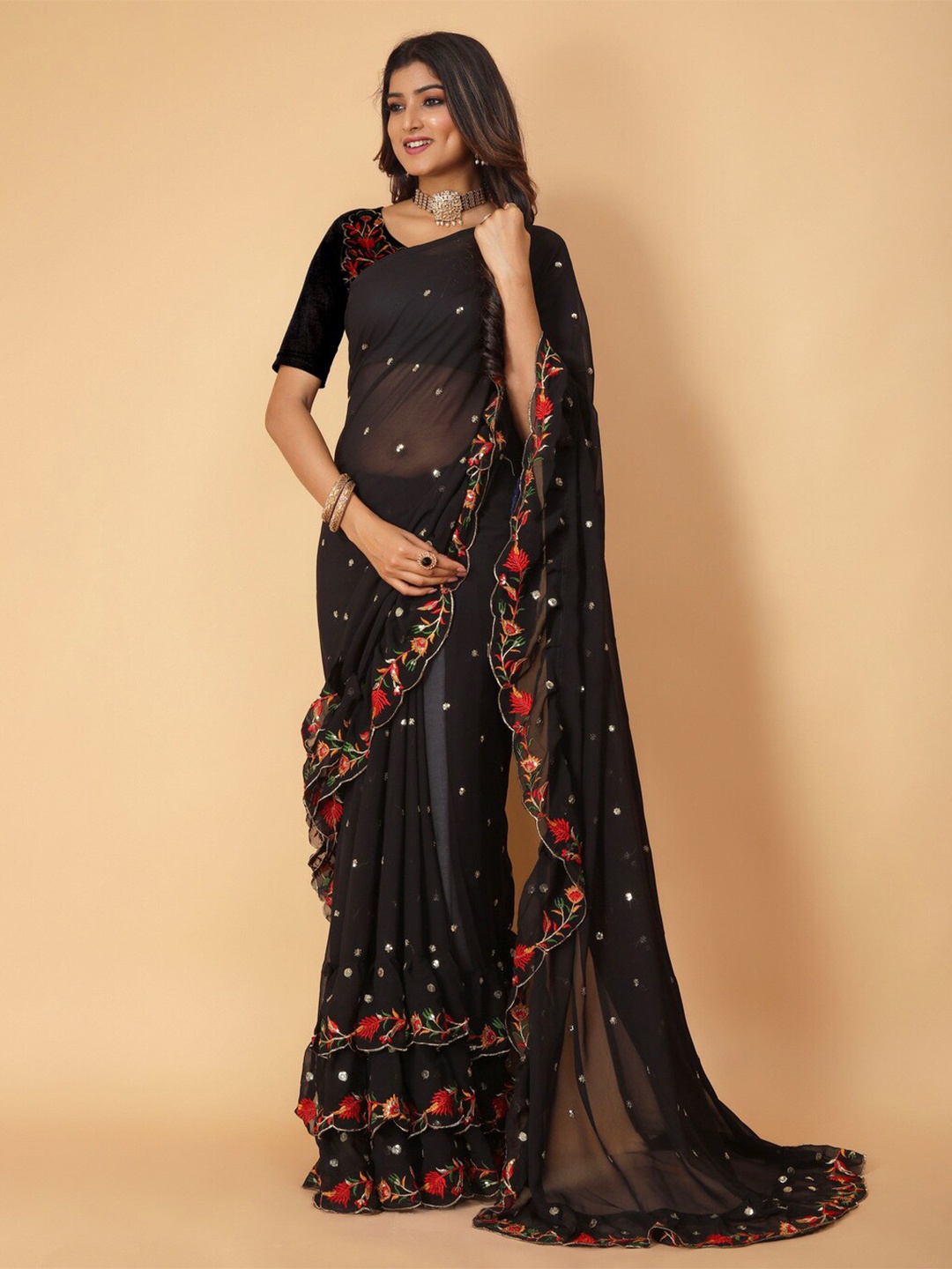 KALINI Embellished Sequinned Pure Georgette Saree, Black