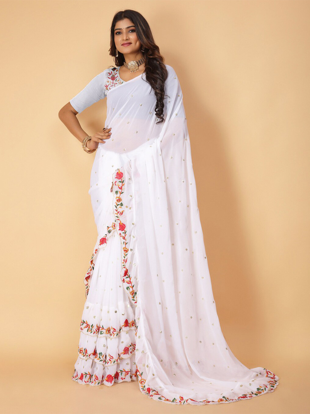 

KALINI Embellished Sequinned Pure Georgette Saree, Off white