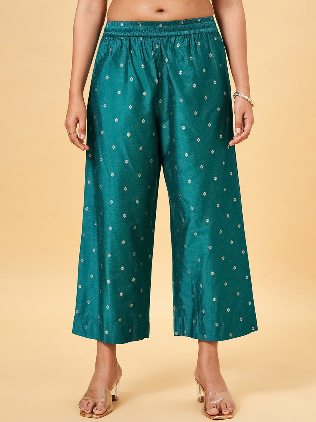 

RANGMANCH BY PANTALOONS Women Geometric Printed Relaxed Straight Leg Fit Parallel Trousers, Teal