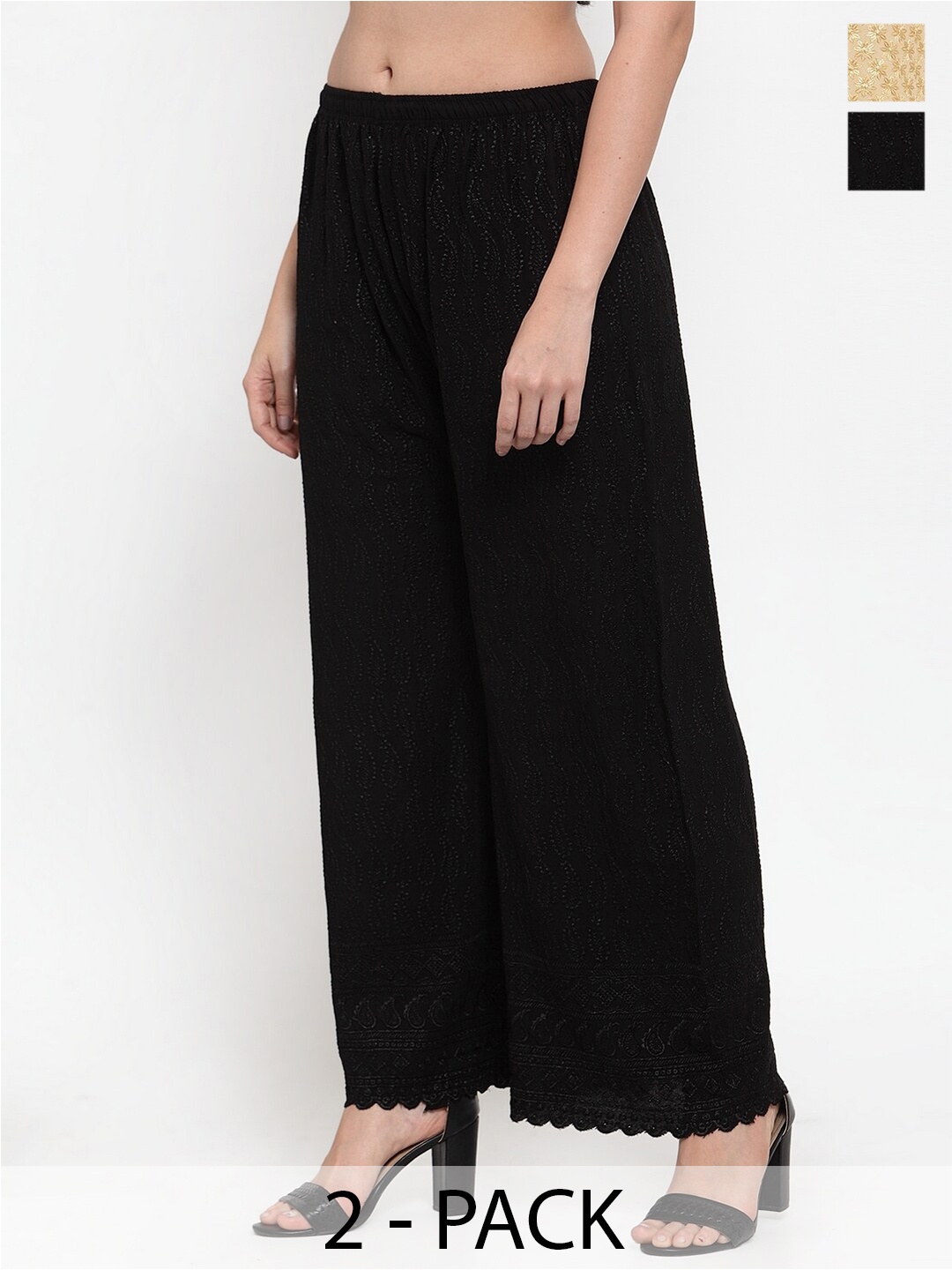 

Miaz Lifestyle Pack Of 2 Ethnic Motifs Embroidered Palazzos, Black