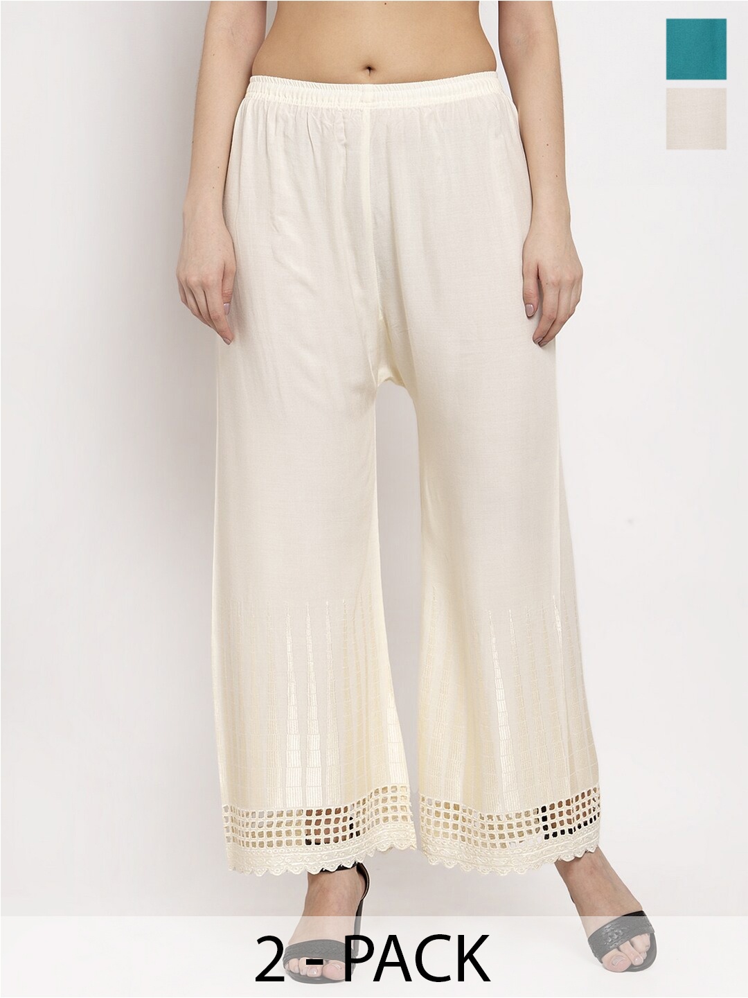 

Miaz Lifestyle Pack Of 2 Wide Leg Hem Design Palazzos, Off white