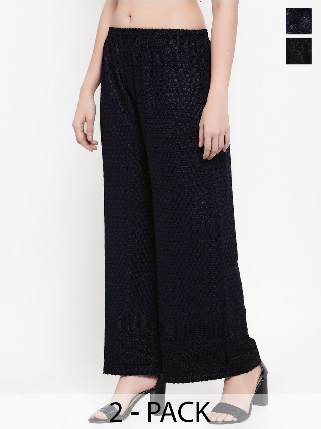 

Miaz Lifestyle Pack Of 2 Floral Embroidered Palazzos, Navy blue