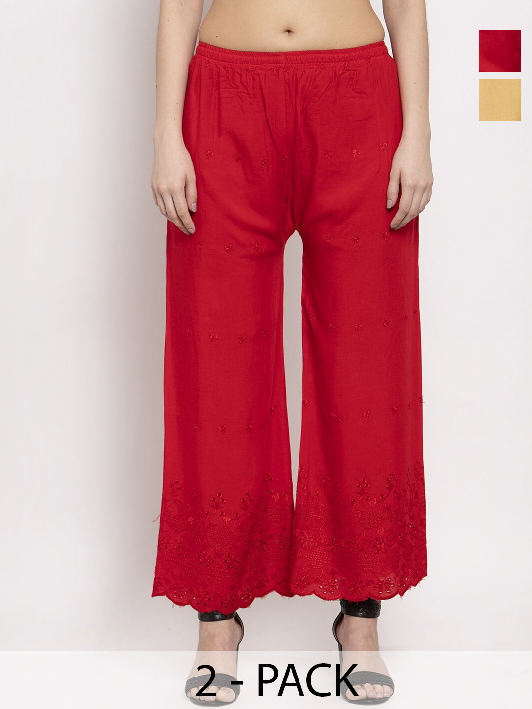 

Miaz Lifestyle Pack Of 2 Floral Embroidered Palazzos, Red
