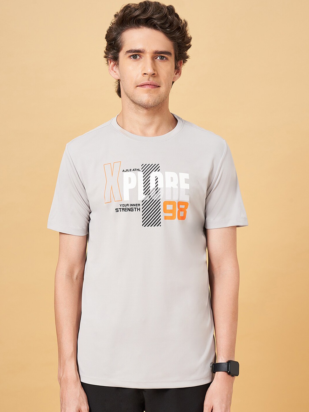 Ajile by Pantaloons Typography Printed Slim Fit Sports T-shirt, Beige