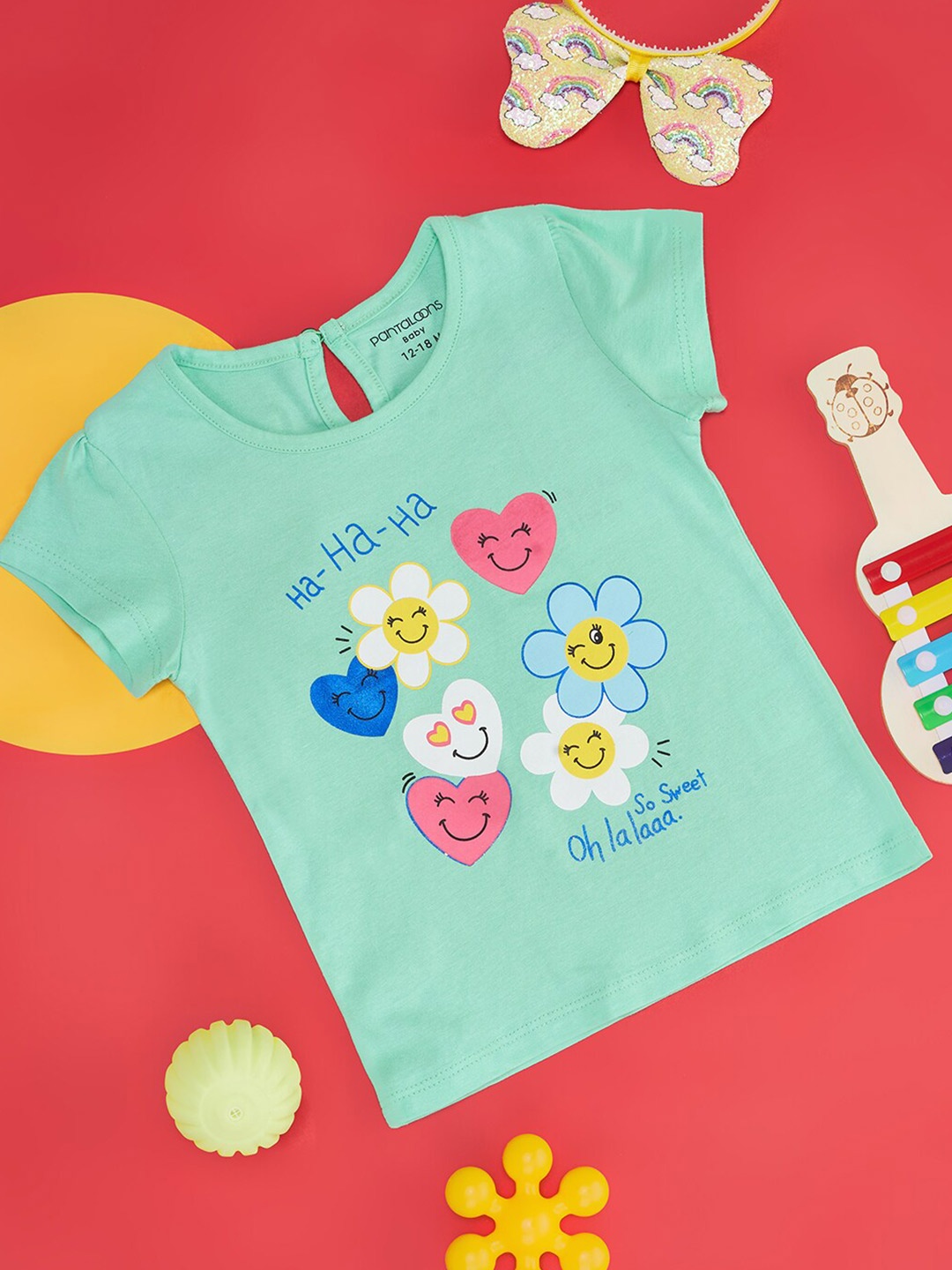 

Pantaloons Baby Girls Conversational Printed Cotton T-shirt, Green