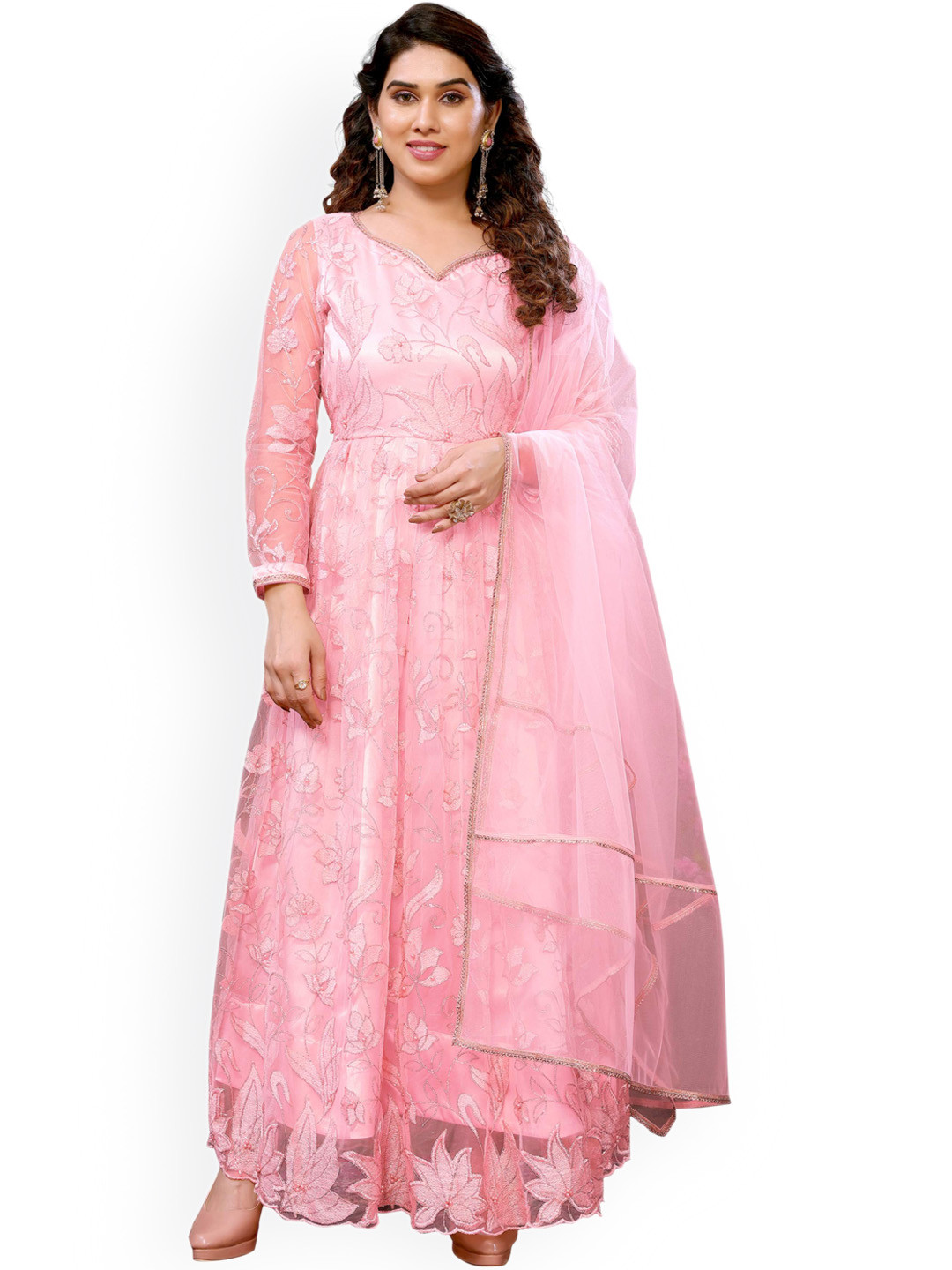 

Krimmple Floral Embroidered Regular Kurta With Trousers & Dupatta, Pink