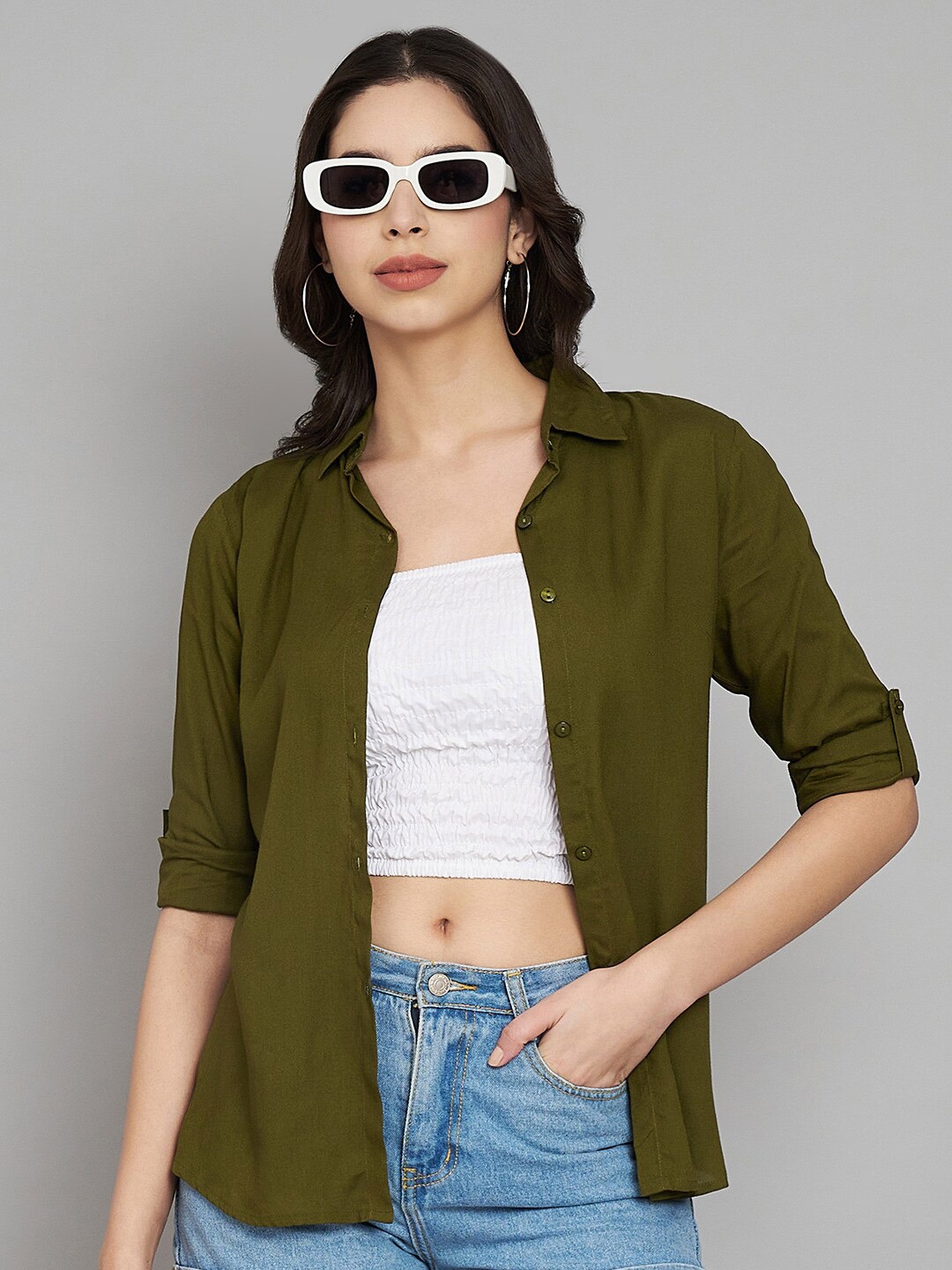 

Fab Star Classic Spread Collar Roll Up Sleeves Casual Shirt, Green