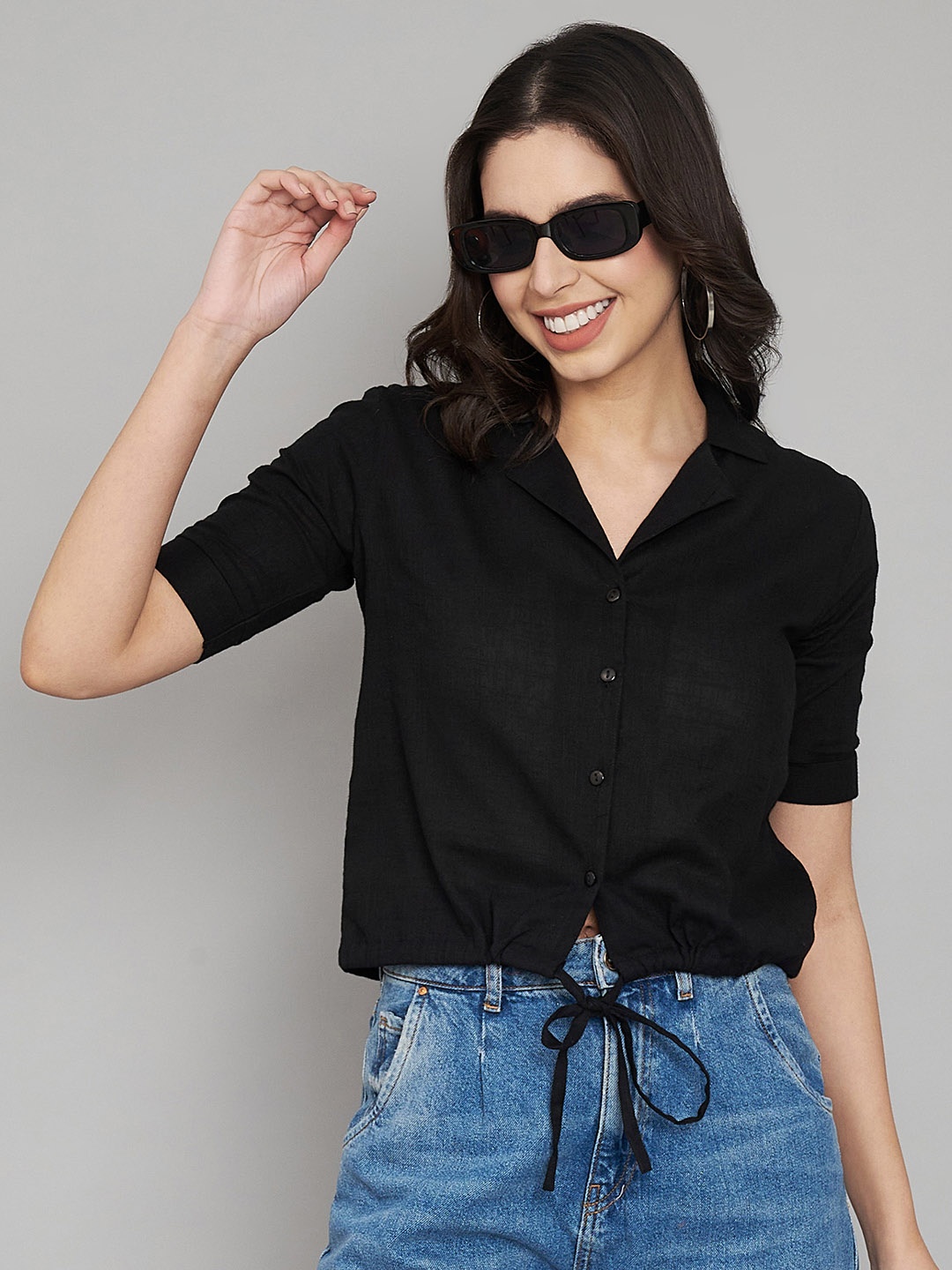 

Fab Star Cuban Collar Cotton Shirt Style Top, Black