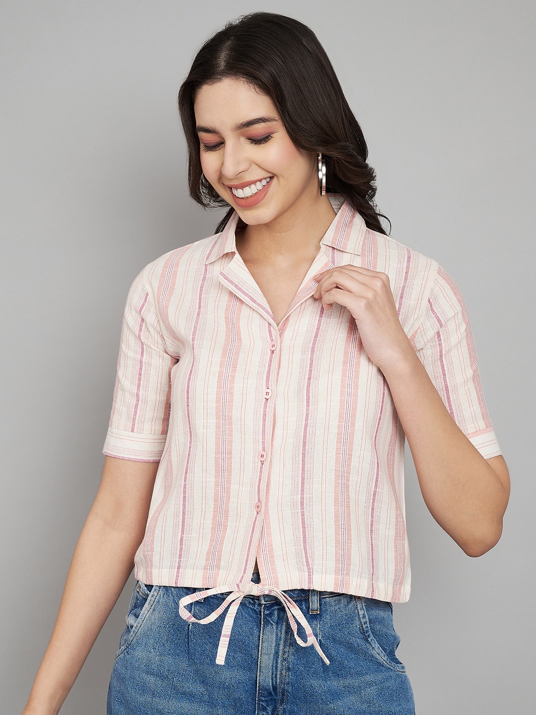 

Fab Star Striped Cuban Collar Cotton Shirt Style Top, Pink