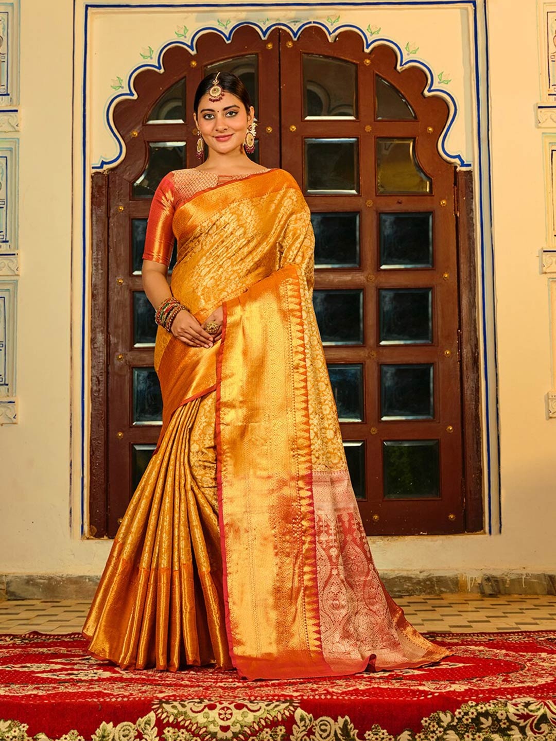 

JUST FASHION Ethnic Motifs Woven Design Zari Kanjeevaram Saree, Mustard