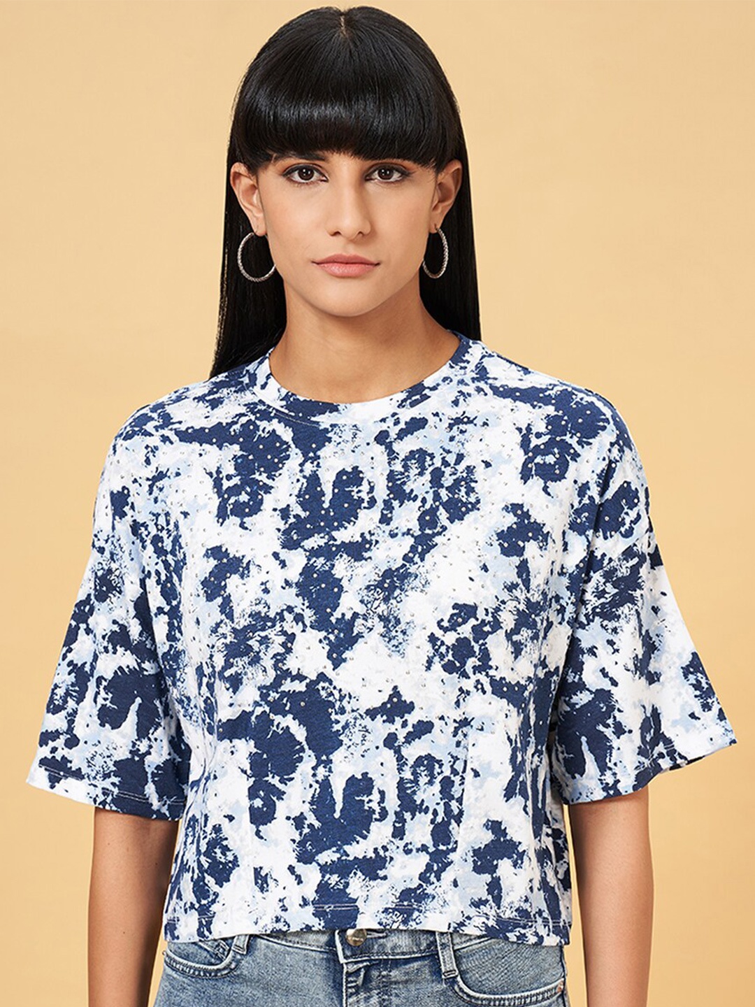

SF JEANS by Pantaloons Round Neck Short Sleeves Floral Printed T-shirt, Blue
