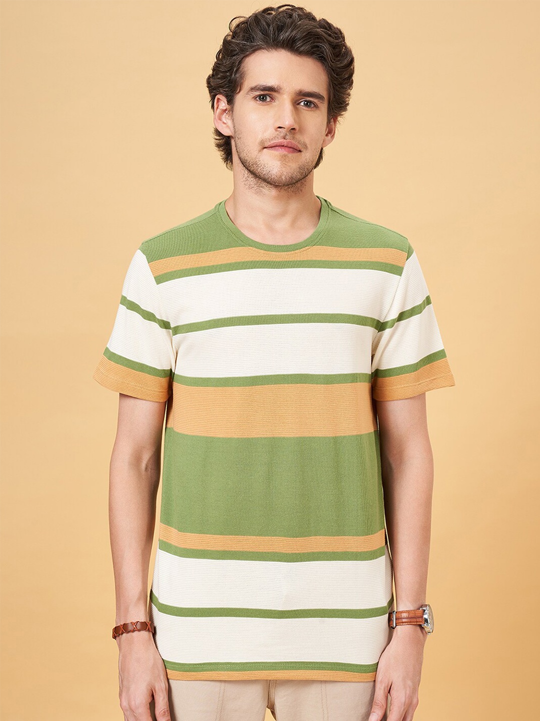 

Urban Ranger by pantaloons Striped Round Neck Short Sleeves Slim Fit T-shirt, Green