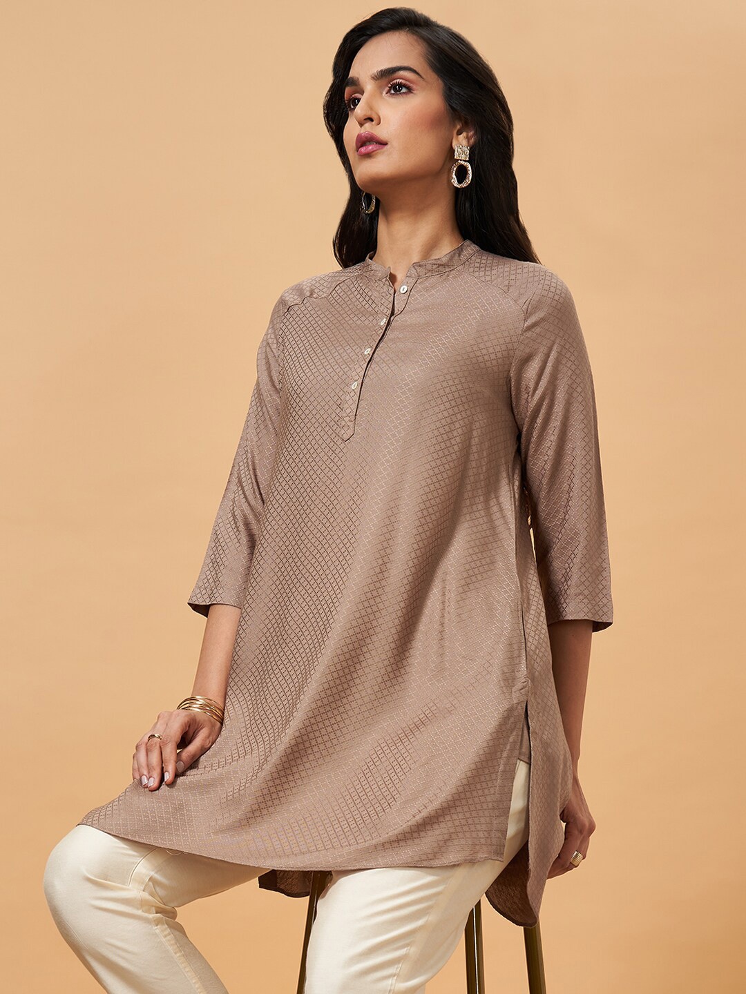 

Marigold Lane Self Design Mandarin Collar Tunic, Beige