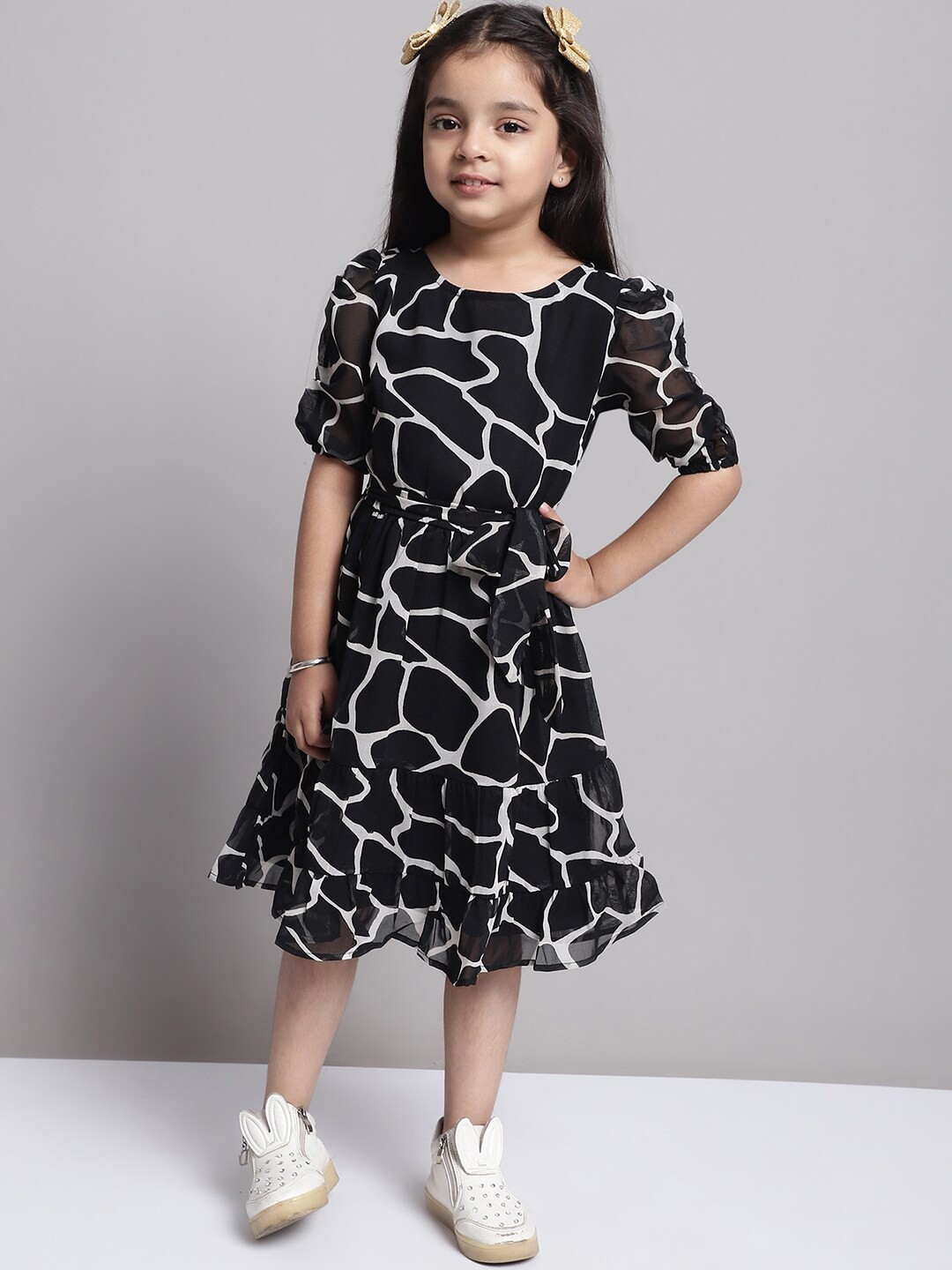 

MINI & MING Girls Abstract Print Puff Sleeves Georgette Fit & Flare Dress, Black
