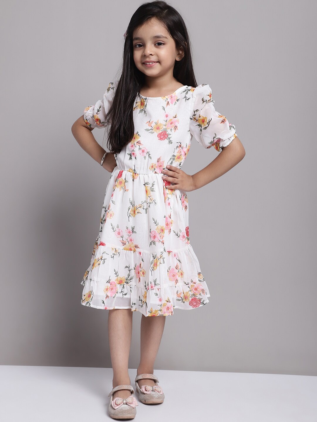 

MINI & MING Girls Floral Print Puff Sleeve Georgette Fit & Flare Dress, Off white