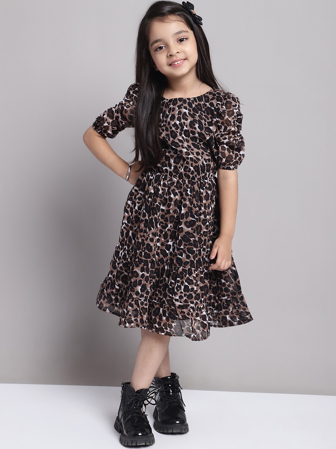 MINI & MING Girls Abstract Print Puff Sleeve Georgette Fit & Flare Midi Dress, Black
