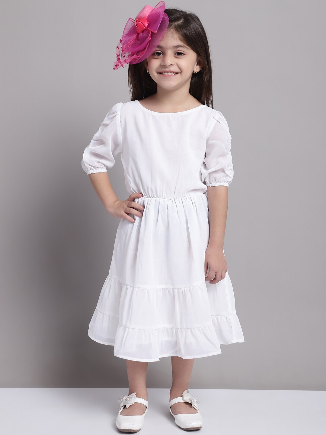 

MINI & MING Girls Puff Sleeve Georgette Fit & flare Midi Dress, White