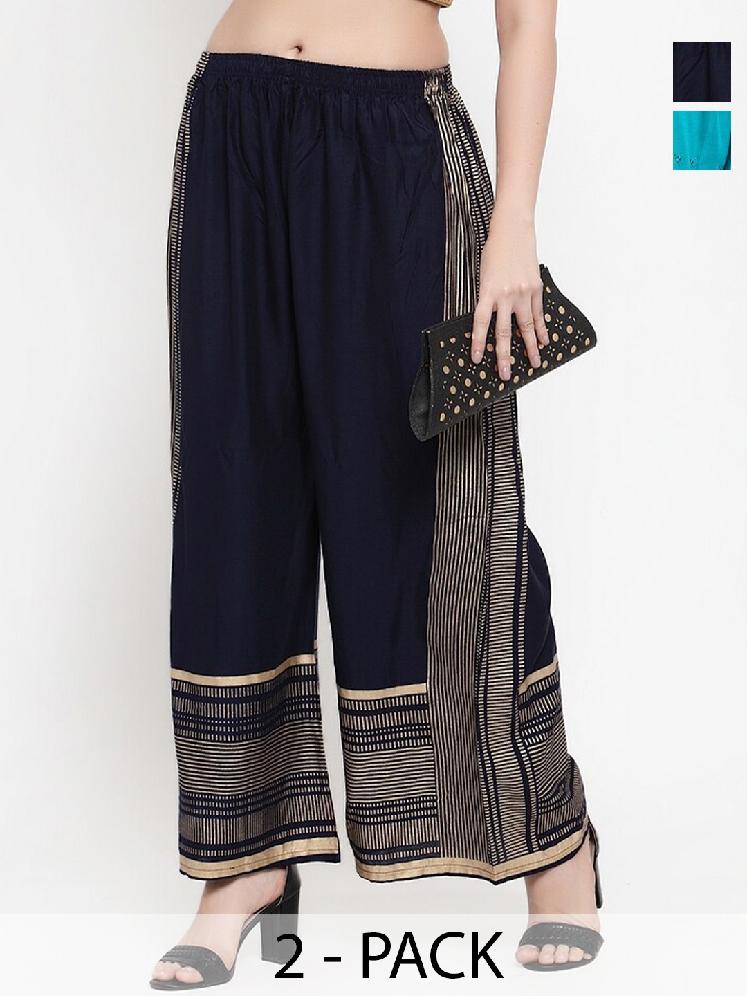 

Miaz Lifestyle Pack Of 2 Hem Design Flared Palazzos, Navy blue