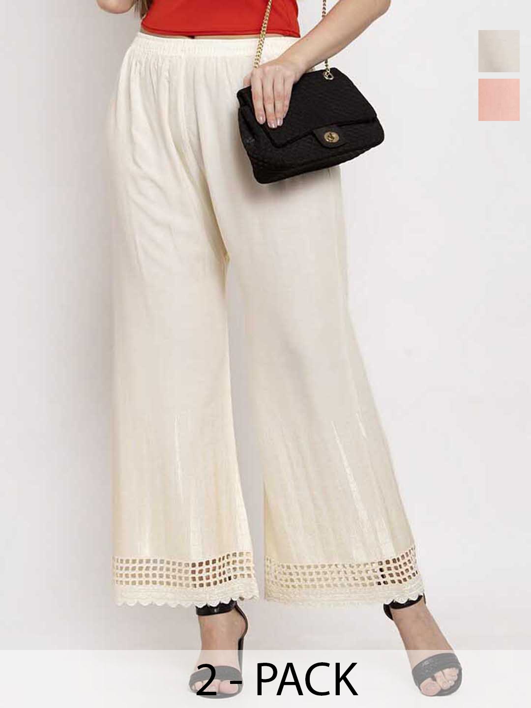 

Miaz Lifestyle Pack Of 2 Floral Embroidered Flared Palazzos, Off white