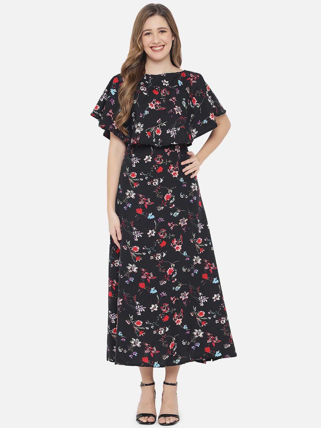 

Indietoga Floral Print Flutter Sleeve Crepe Maxi Dress, Black