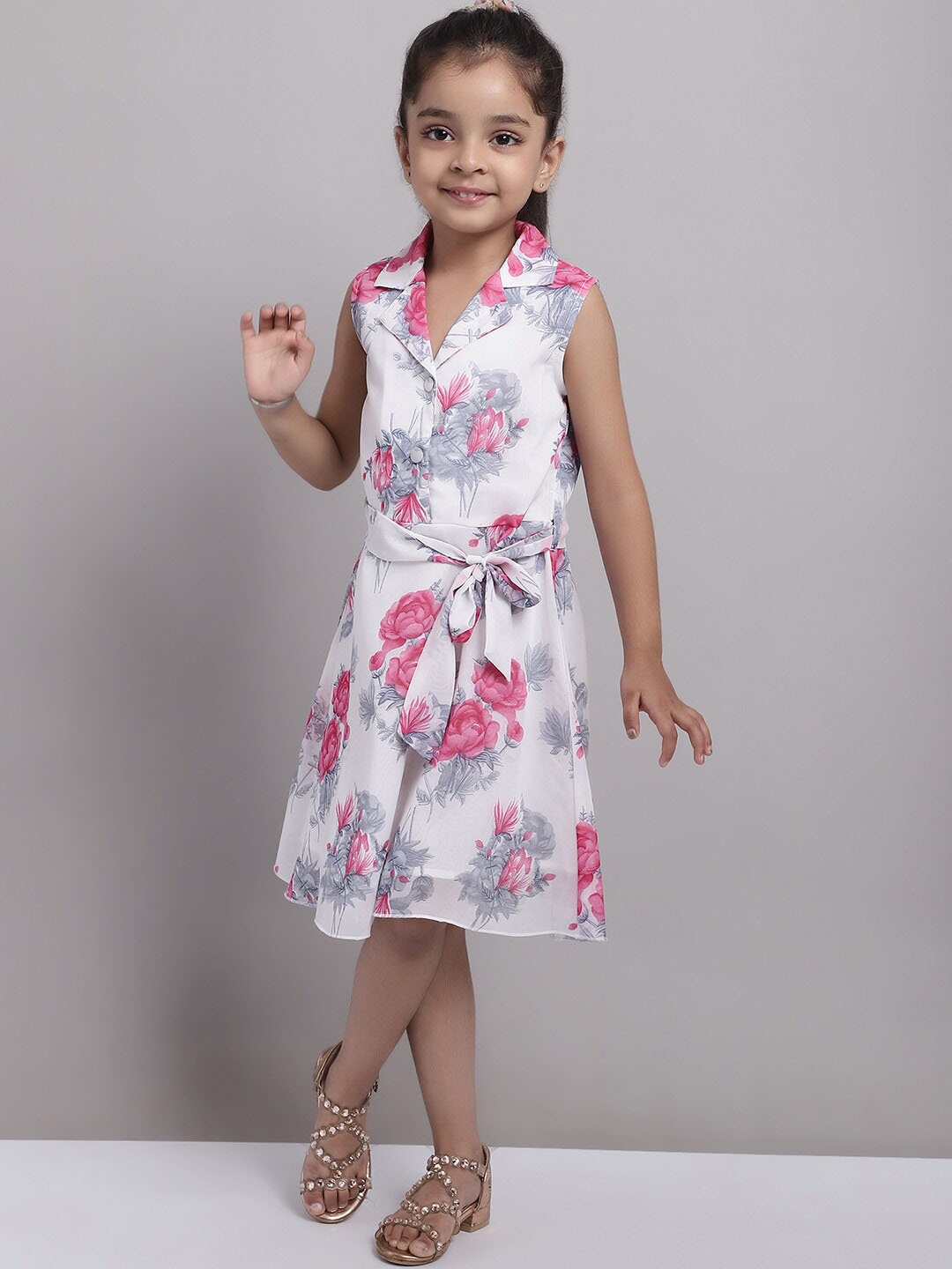 

MINI & MING Girls Floral Printed V-Neck Sleeveless Georgette A-Line Dress, White