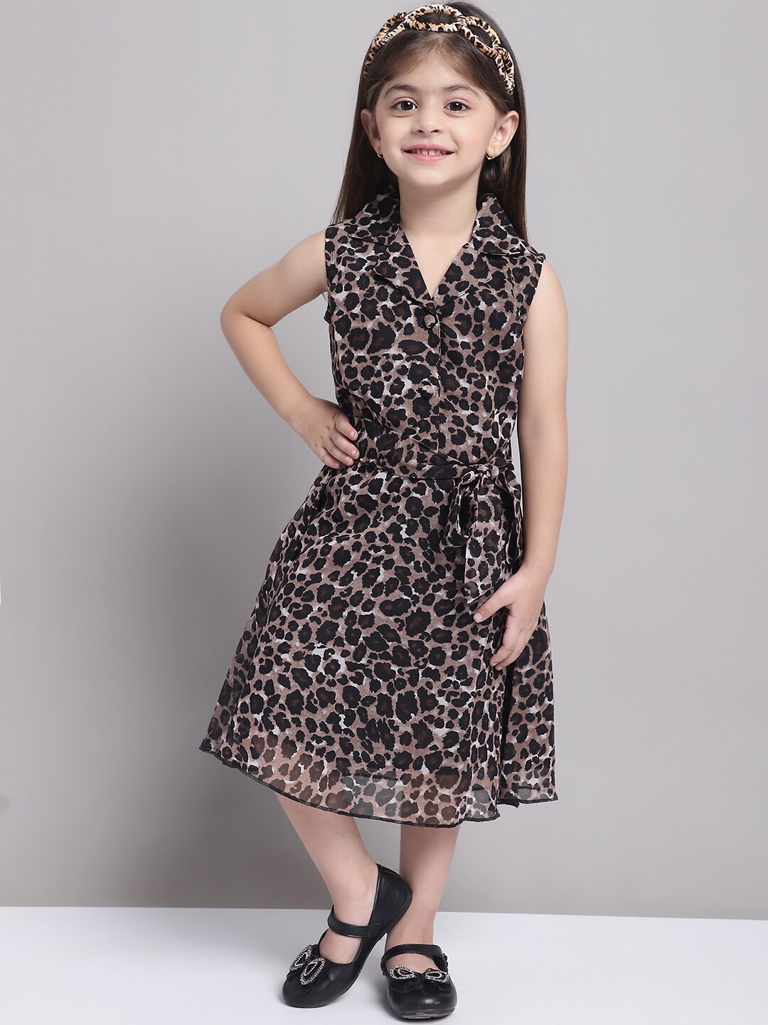 MINI & MING Girls Abstract Print V-Neck Georgette A-Line Midi Dress, Black