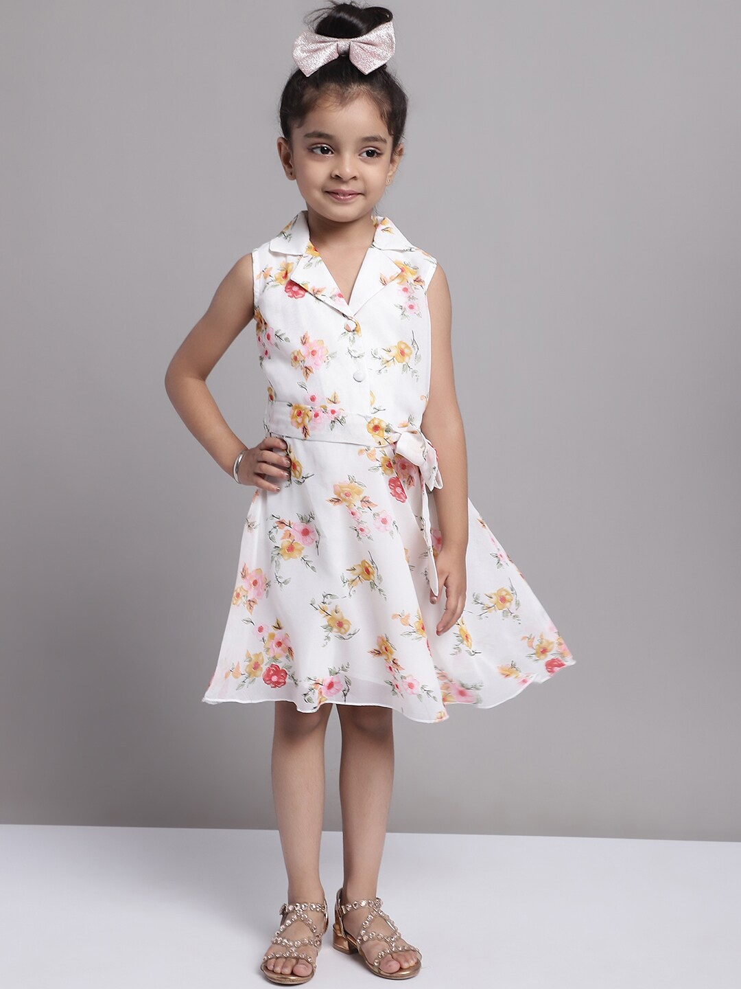 

MINI & MING Girls Floral Print V-Neck Sleeveless Georgette A-Line Dress, Off white