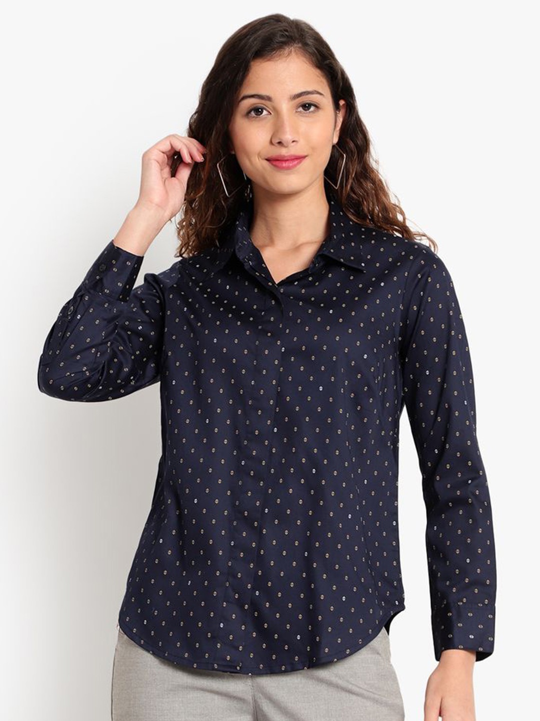 

Indietoga Classic Slim Fit Micro Ditsy Printed Cotton Formal Shirt, Navy blue