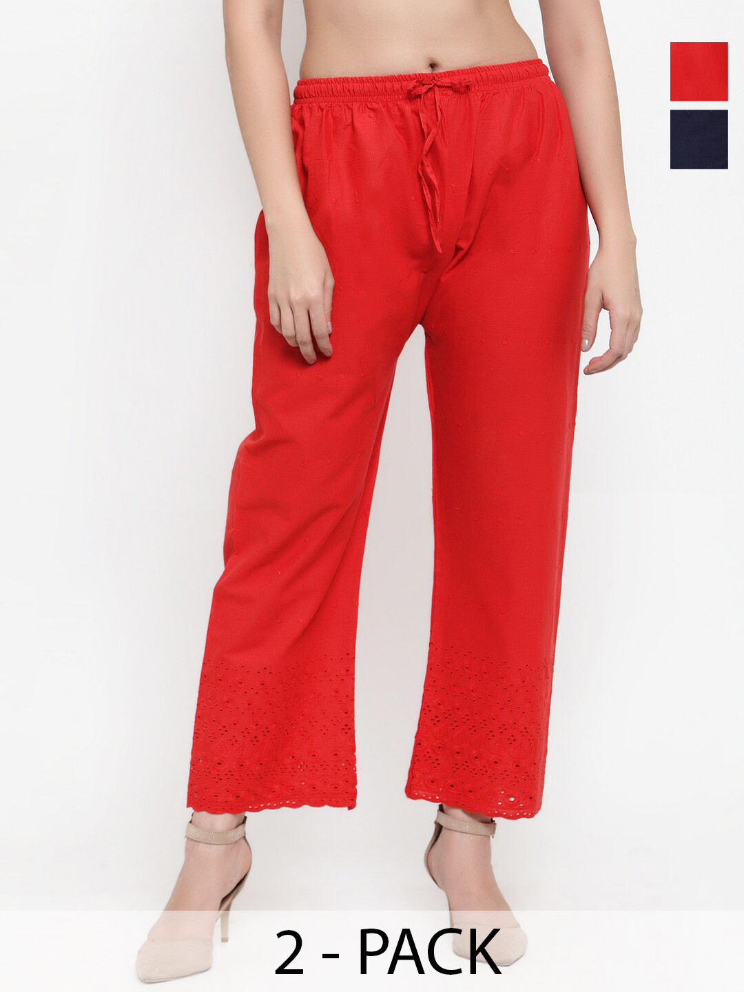 

Miaz Lifestyle Pack Of 2 Floral Embroidered Flared Palazzos, Red