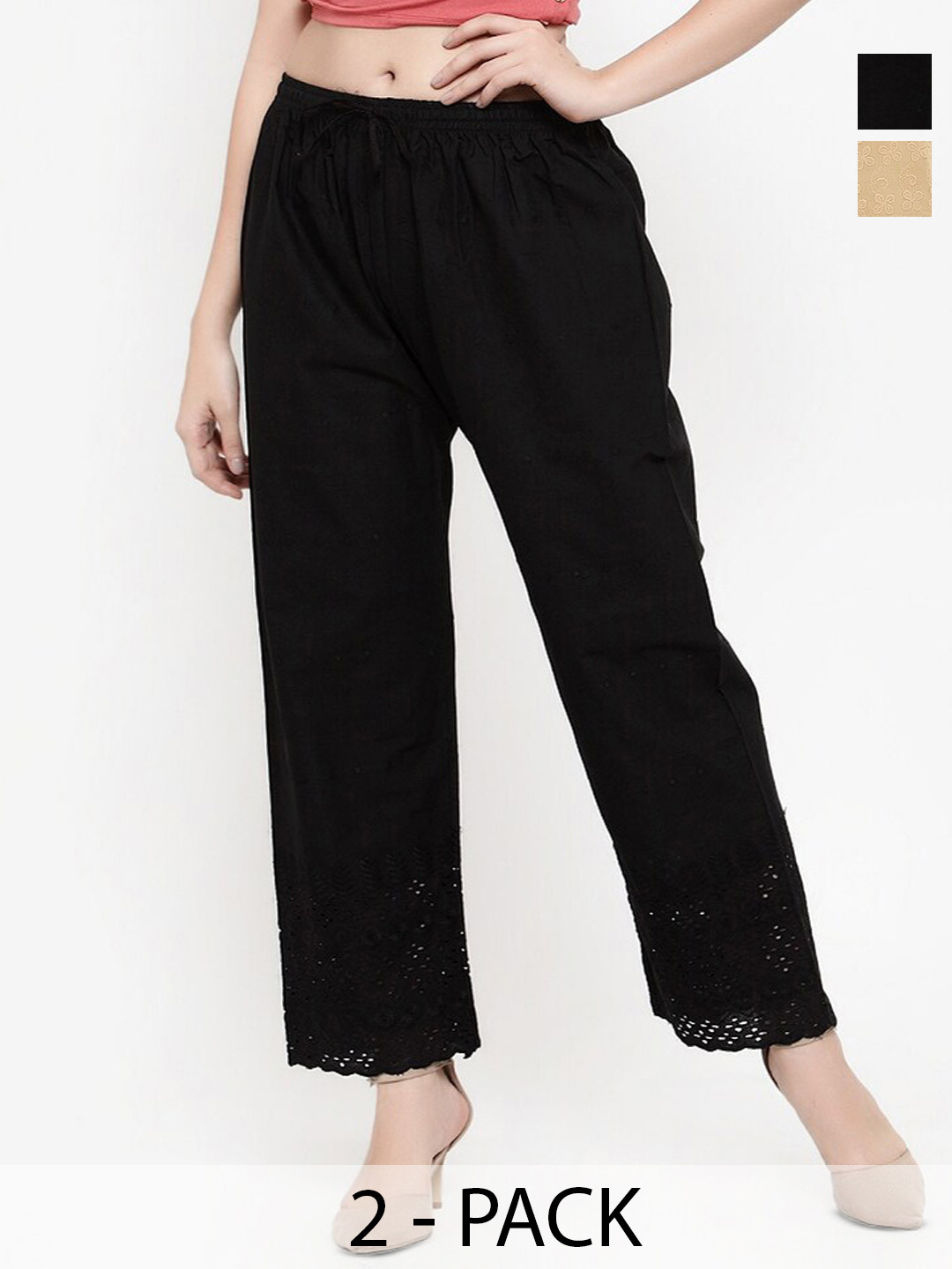 

Miaz Lifestyle Pack Of 2 Floral Embroidered Flared Pure Cotton Palazzos, Black