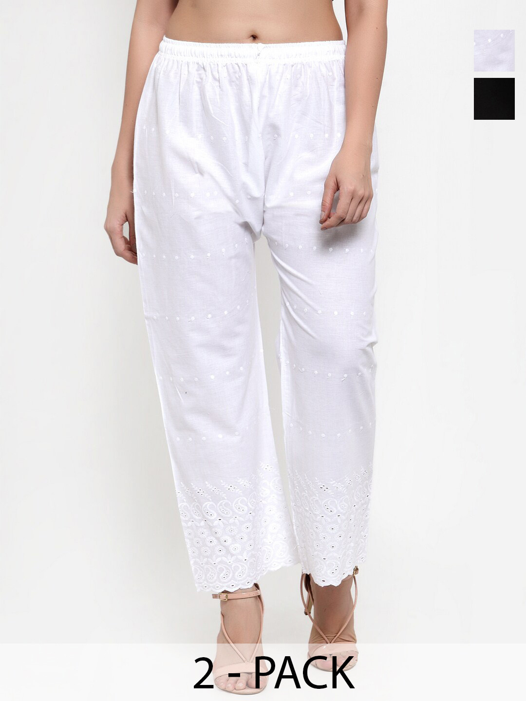 

Miaz Lifestyle Pack Of 2 Floral Embroidered Flared Ethnic Palazzos, White