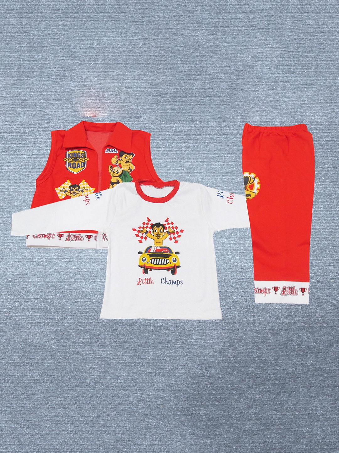 

BAESD Infant Boys Chota Bheem Printed T-shirt with Trousers & Jacket, Red