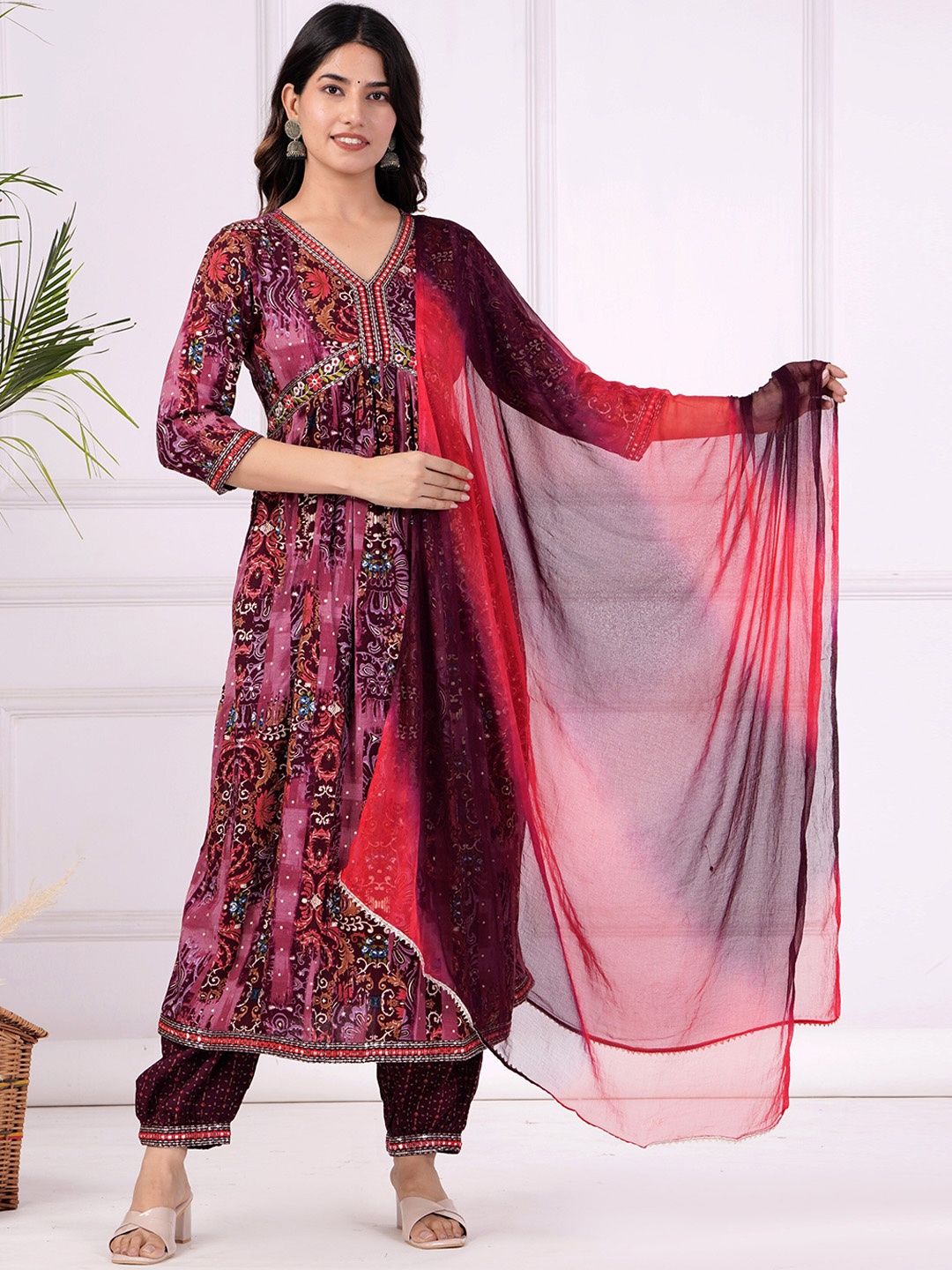 

KALINI Floral Printed V-Neck Mirror Work Kurta with Trousers & Dupatta, Maroon