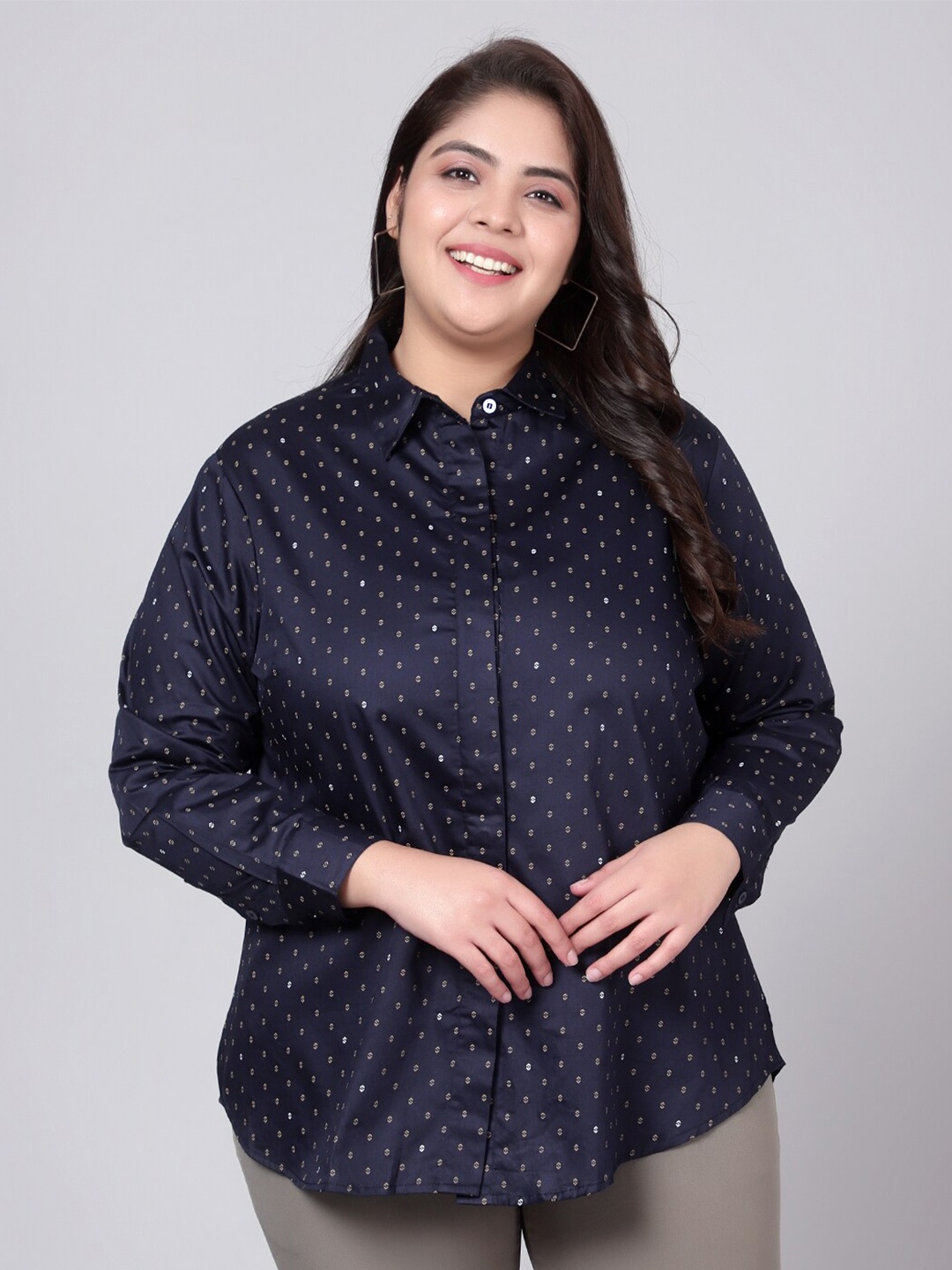 

Indietoga Plus Size Classic Slim Fit Polka Dot Opaque Printed Cotton Formal Shirt, Navy blue