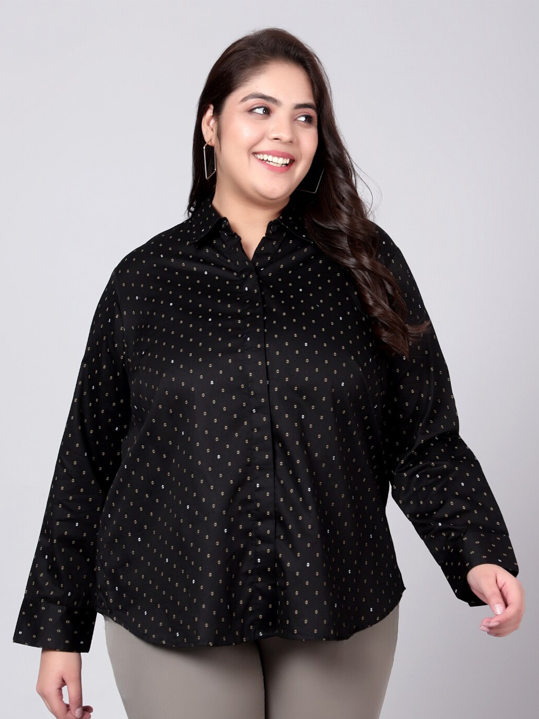 

Indietoga Plus Size Classic Slim Fit Polka Dot Opaque Printed Cotton Formal Shirt, Black