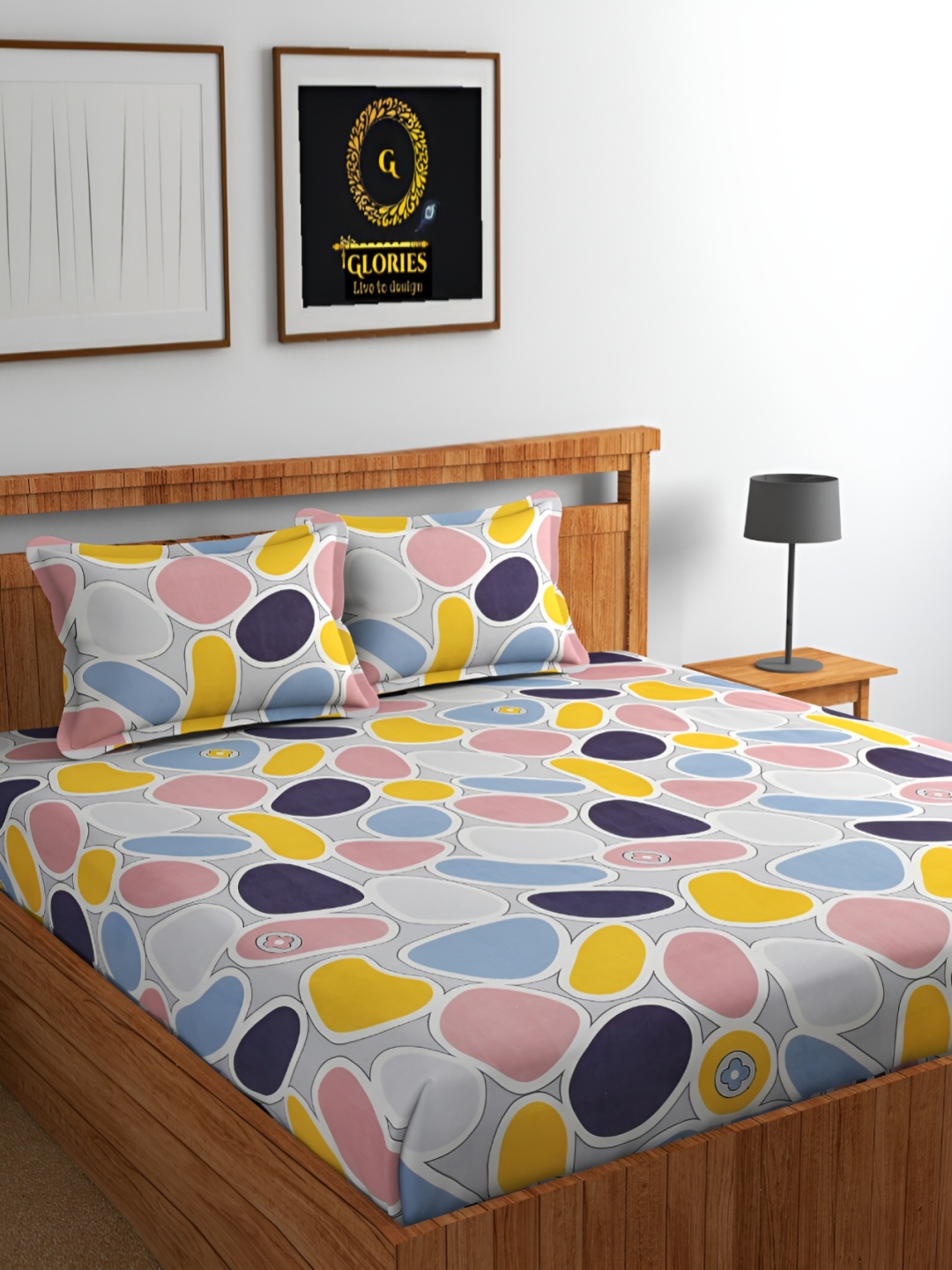 

GLORIES Yellow & Blue Geometric 210 TC Fitted King Bedsheet with 2 Pillow Covers