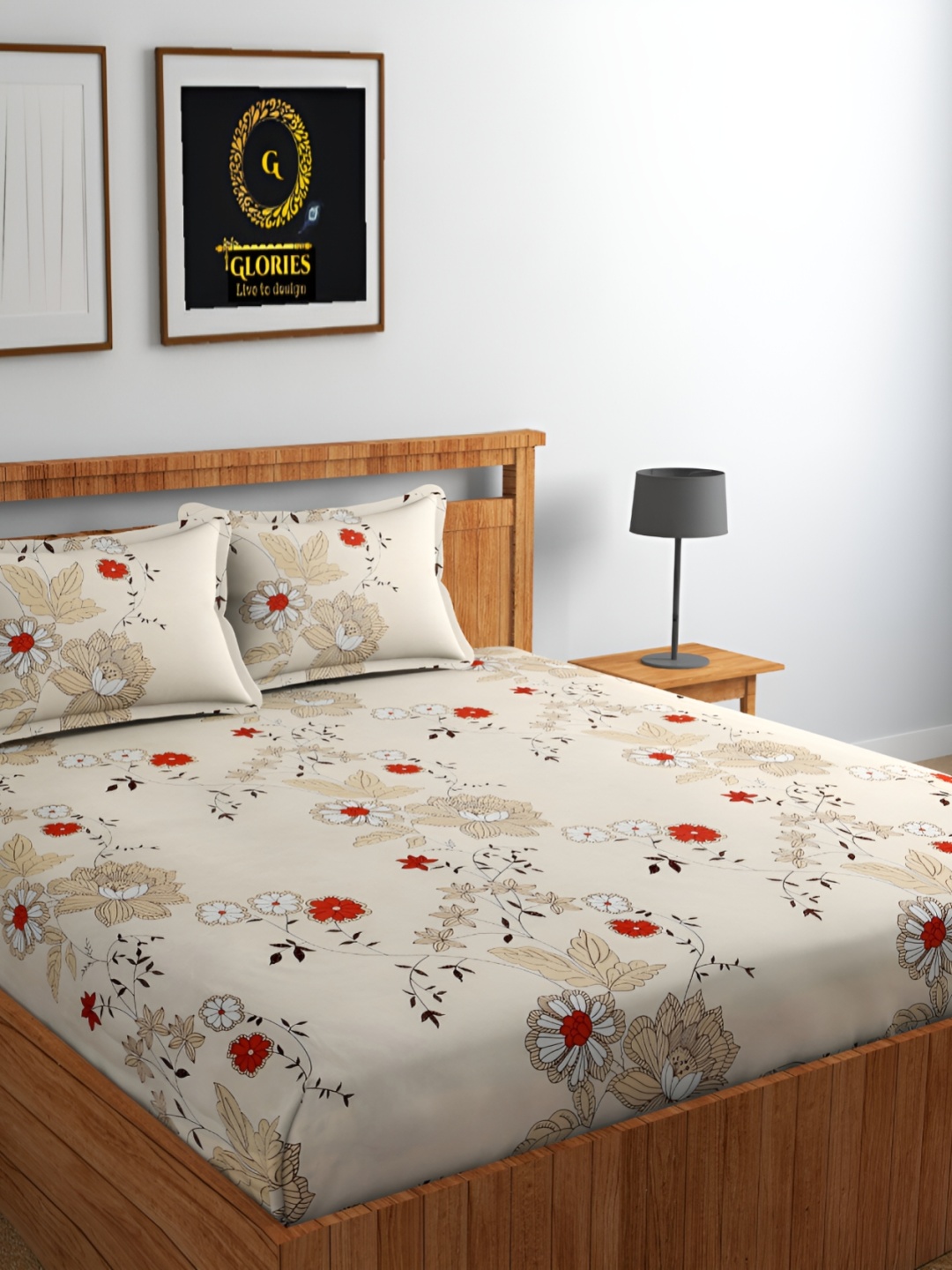 

GLORIES Cream & Red Floral 210 TC Fitted King Bedsheet with 2 Pillow Covers