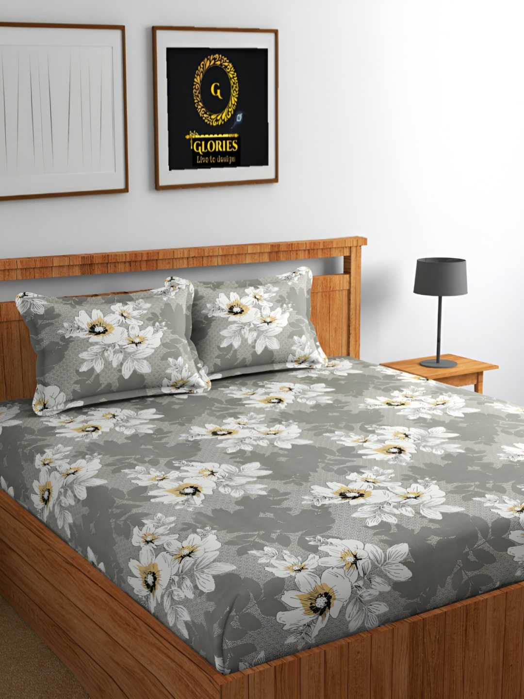 

GLORIES White & Grey Floral 210 TC Fitted King Bedsheet with 2 Pillow Covers