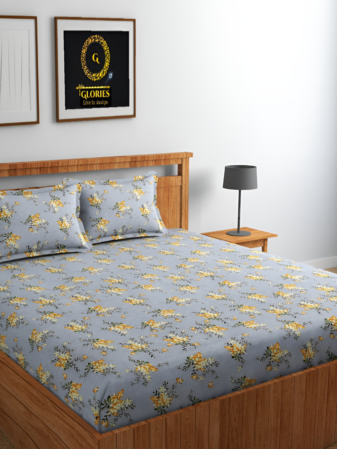 

GLORIES Turquoise Blue & Yellow Floral 210 TC Fitted King Bedsheet with 2 Pillow Covers