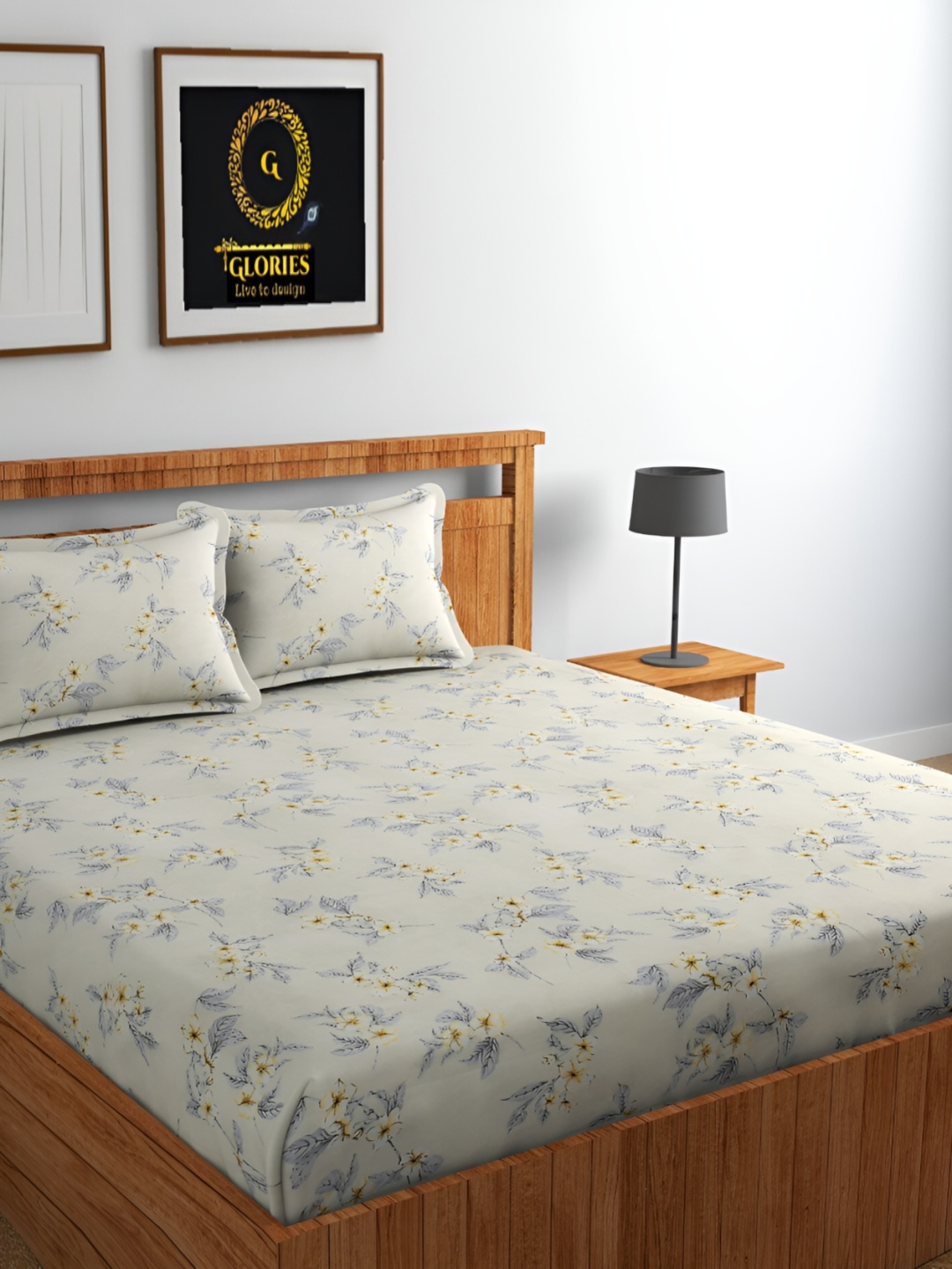 

GLORIES Cream & Yellow Floral 210 TC Fitted King Bedsheet with 2 Pillow Covers
