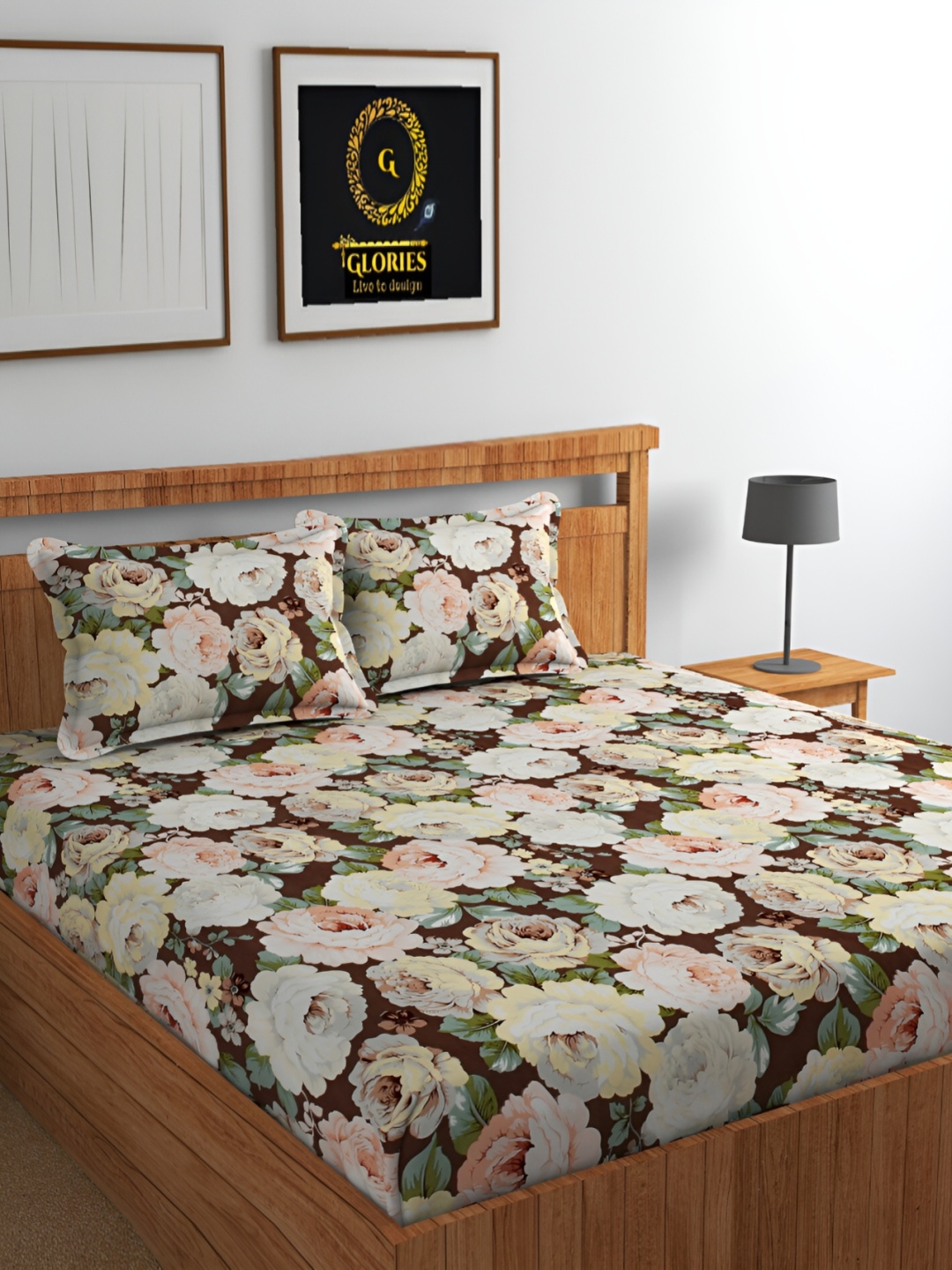 

GLORIES Brown & Green Floral 210 TC Fitted King Bedsheet with 2 Pillow Covers