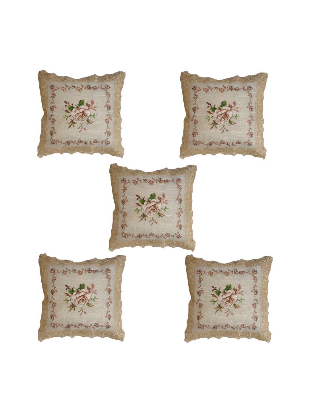 

TANLOOMS Brown & Green 5 Pieces Floral Square Cushion Covers