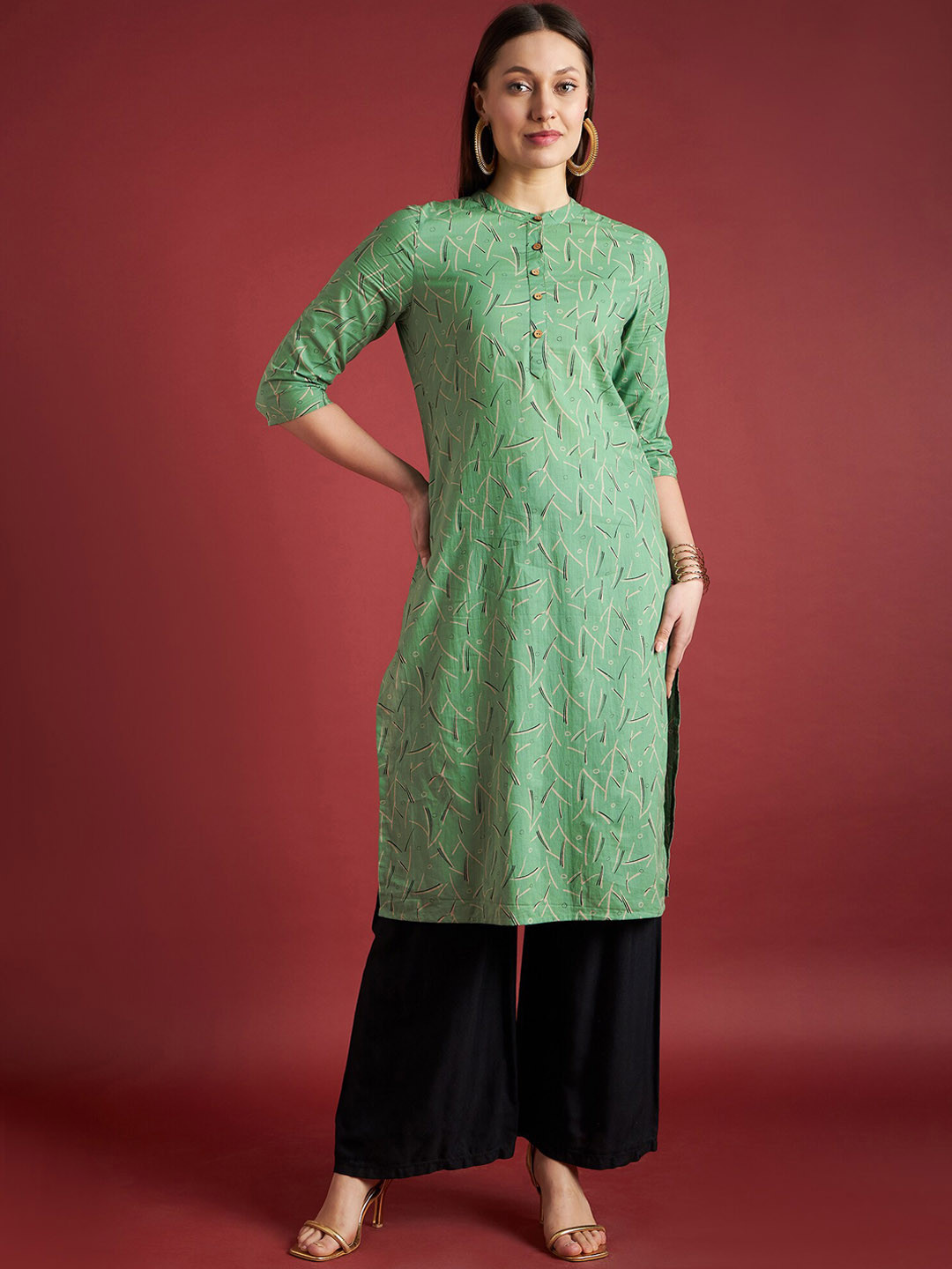 

all about you Green Ethnic Motifs Printed Cotton Straight Thread Work Kurta