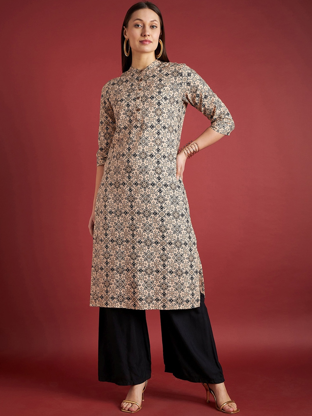 

all about you Ethnic Motifs Band Collar Printed Pure Cotton Kurta, Beige