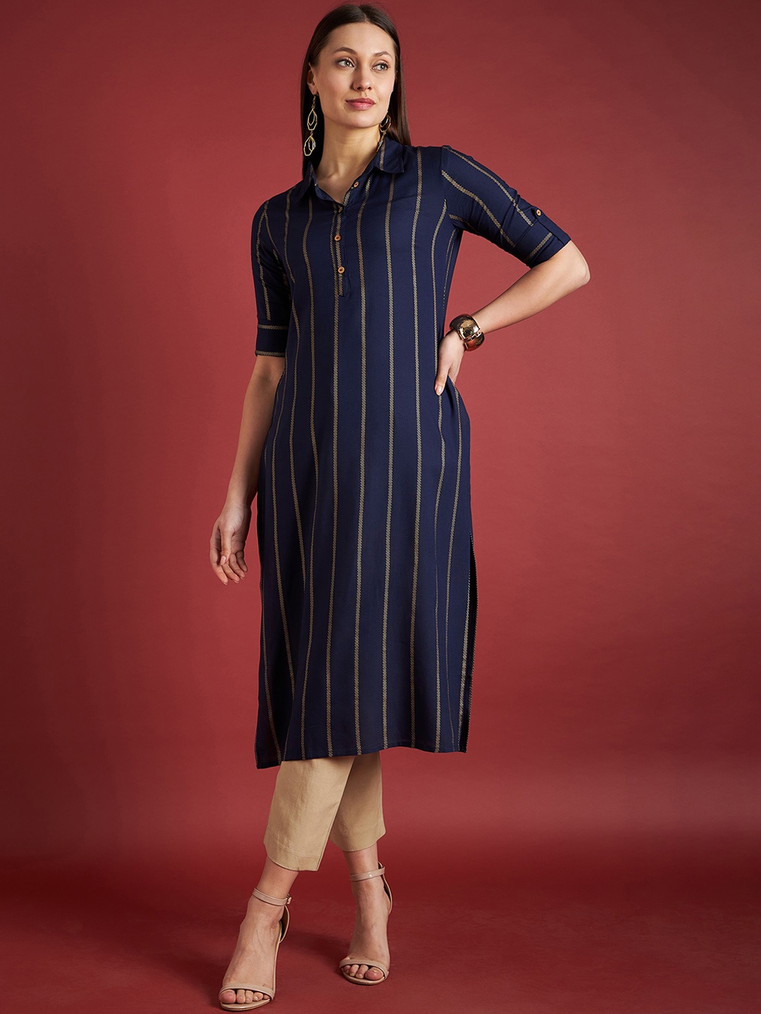 

all about you Blue Striped Cotton Straight Kurta