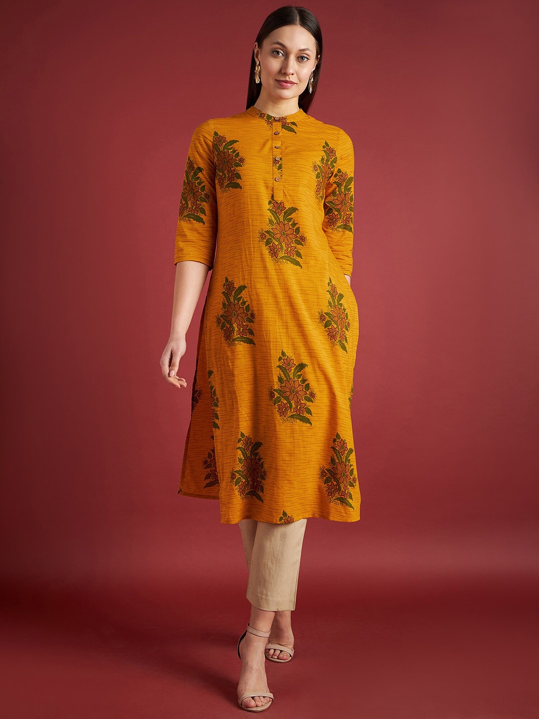 

all about you Yellow Ethnic Motifs Printed Band Collar Cotton Straight Kurta